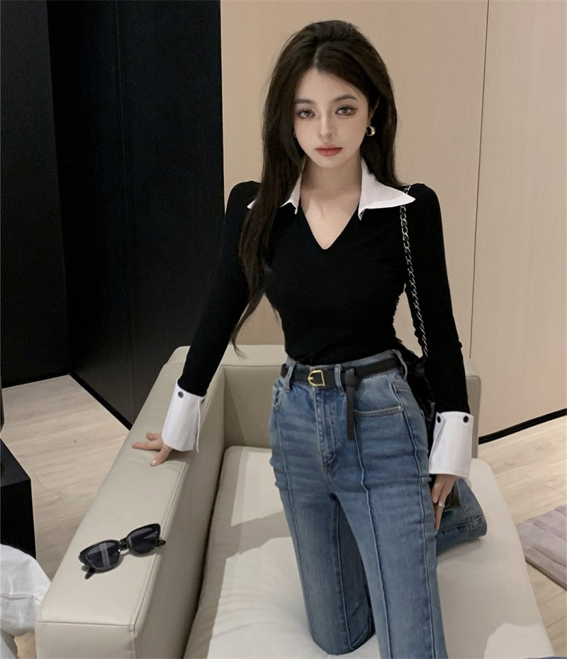 Polo Collar Contrast Color Top