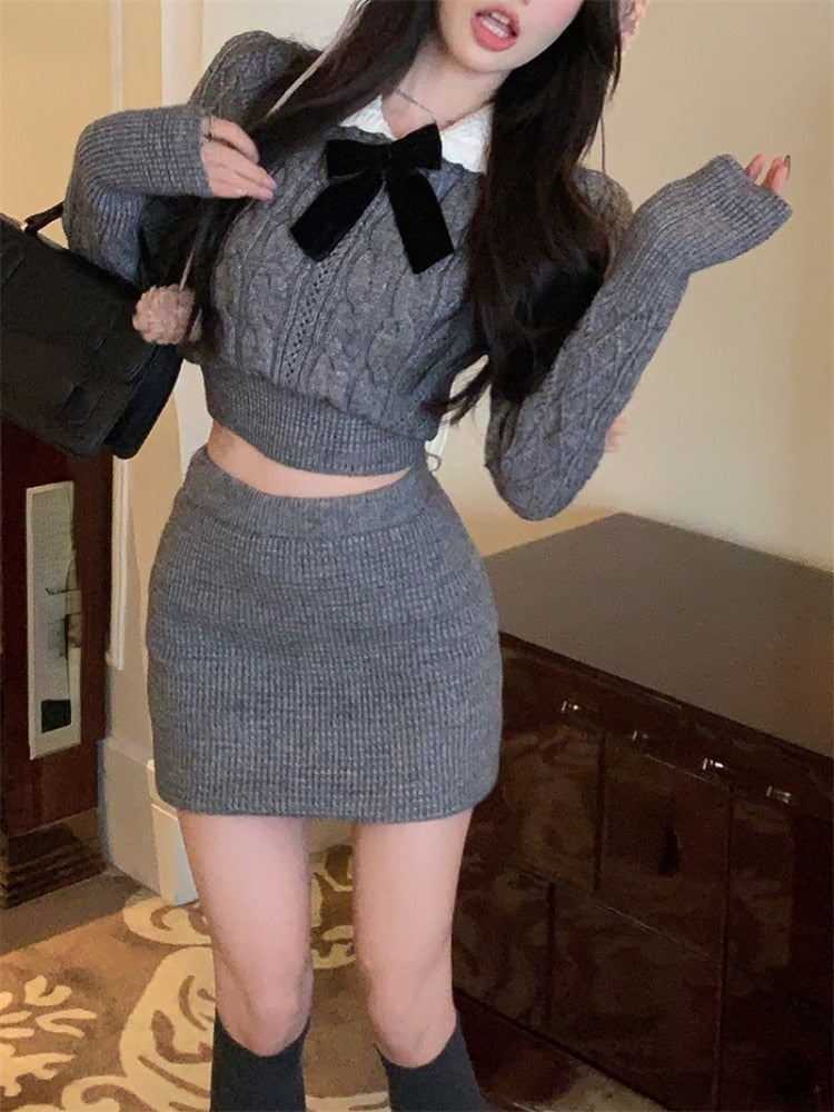 Bow Sweater Knitted Top & Skirt Set