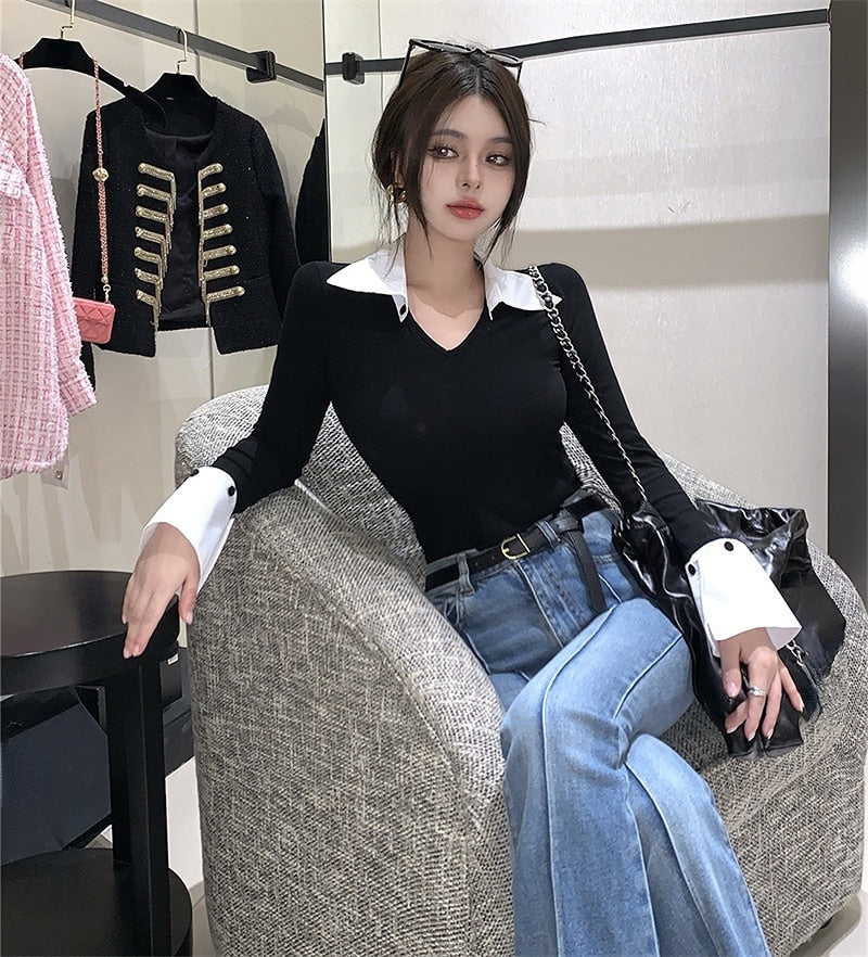 Polo Collar Contrast Color Top