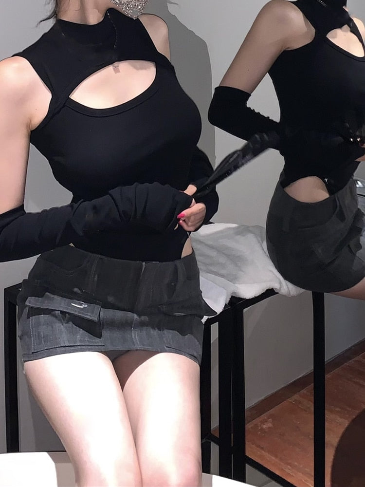 Black Crop Long Sleeve Top