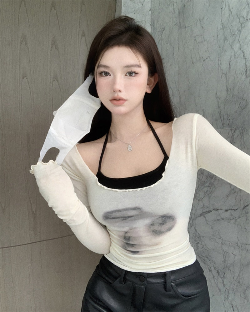 Layered Print Long Sleeve Top
