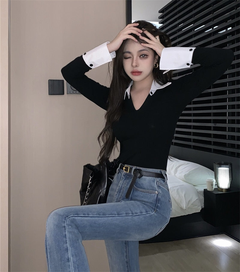 Polo Collar Contrast Color Top