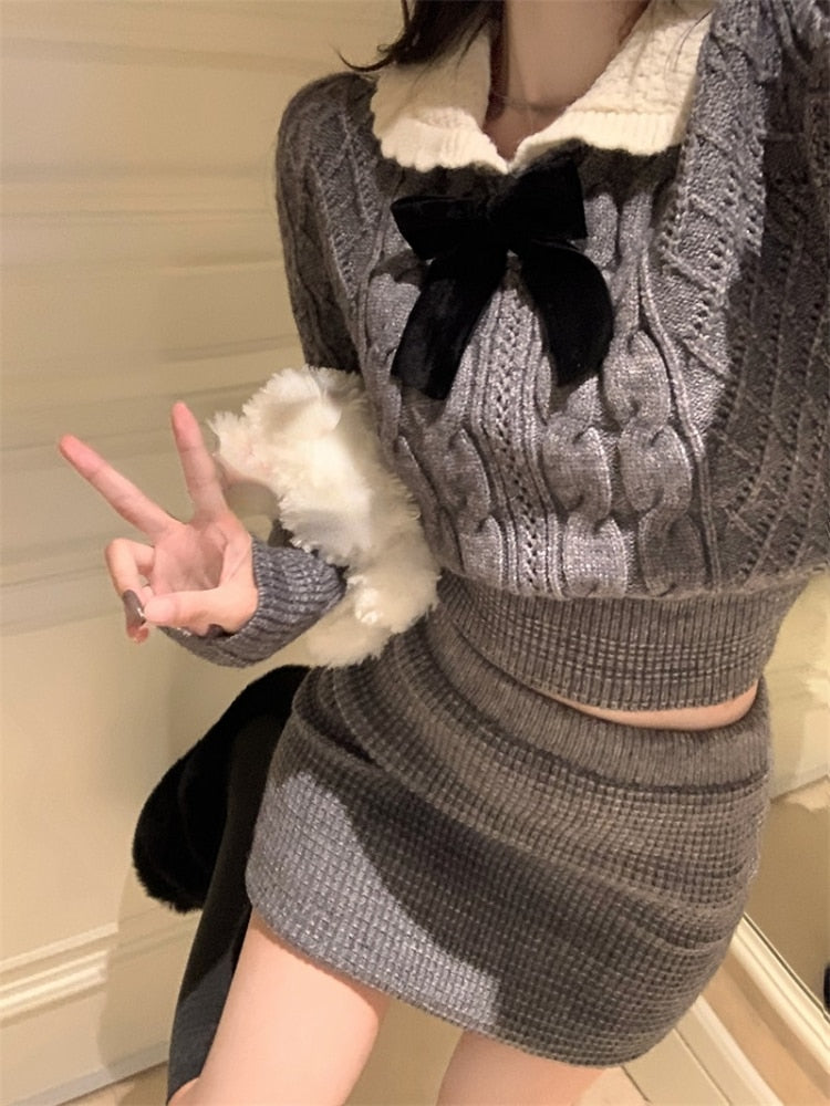 Bow Sweater Knitted Top & Skirt Set