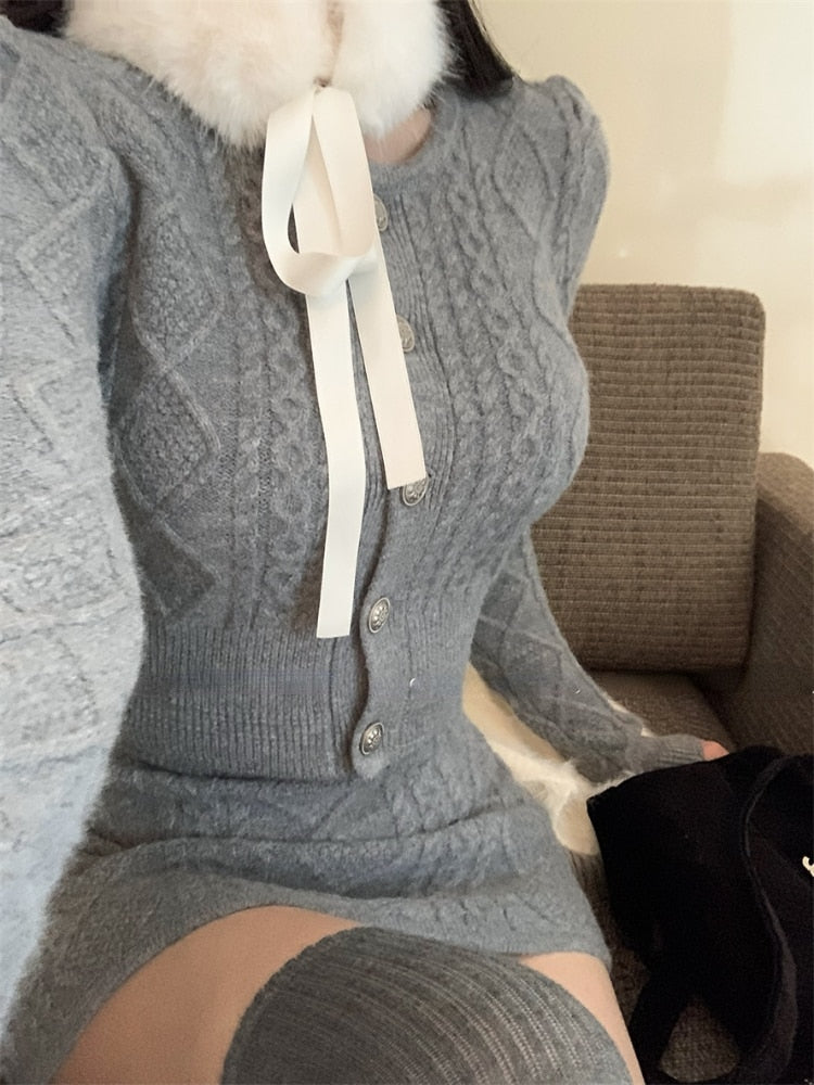 Fur Collar Knitted Sweater & Skirt Set