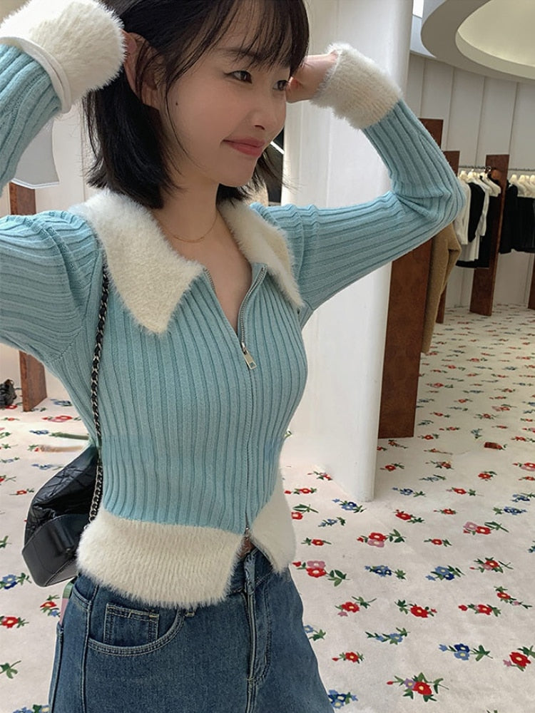 Faux Fur Knitted Zipper Pullover Top