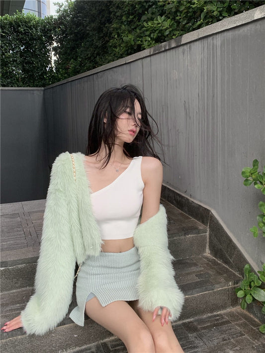 Fur Cardigan & Skirt Set