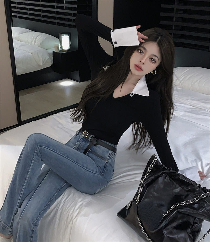 Polo Collar Contrast Color Top