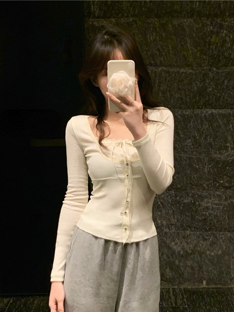 Lace Trim Long Sleeve Top