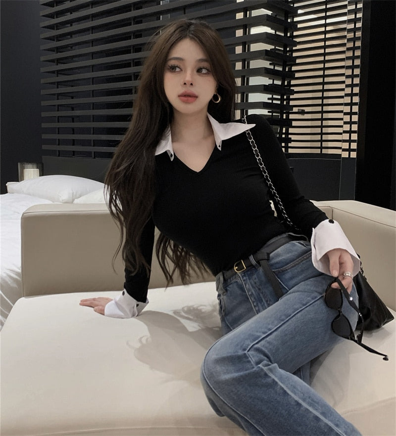 Polo Collar Contrast Color Top