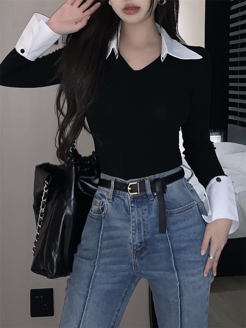 Polo Collar Contrast Color Top