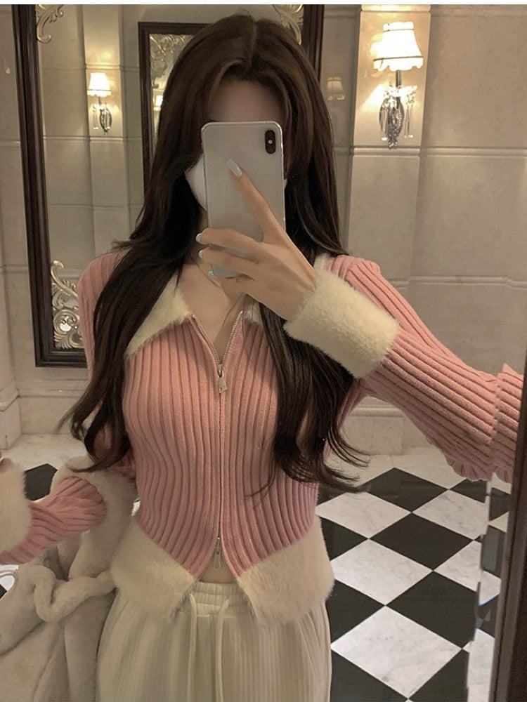 Faux Fur Knitted Zipper Pullover Top
