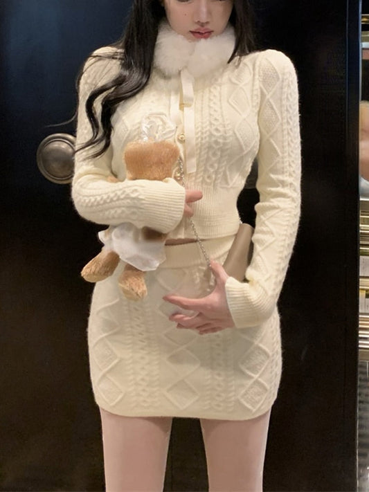 Fur Collar Knitted Sweater & Skirt Set