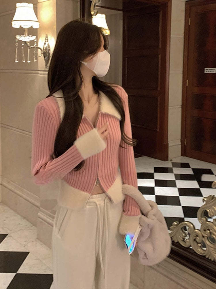 Faux Fur Knitted Zipper Pullover Top