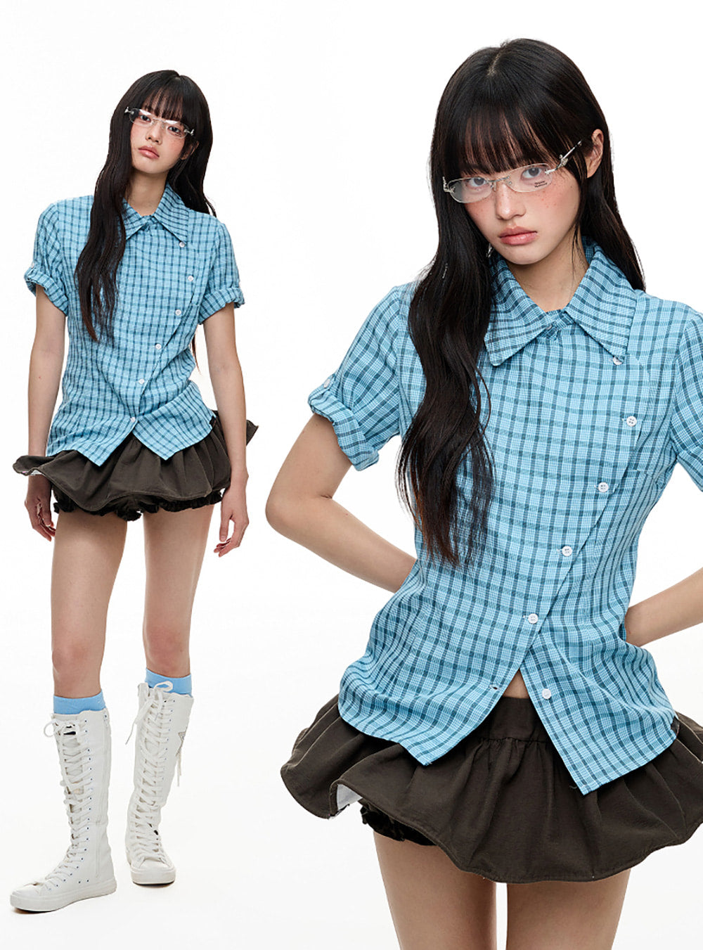 Diagonal Button Design Check Slim Shirt (5color)