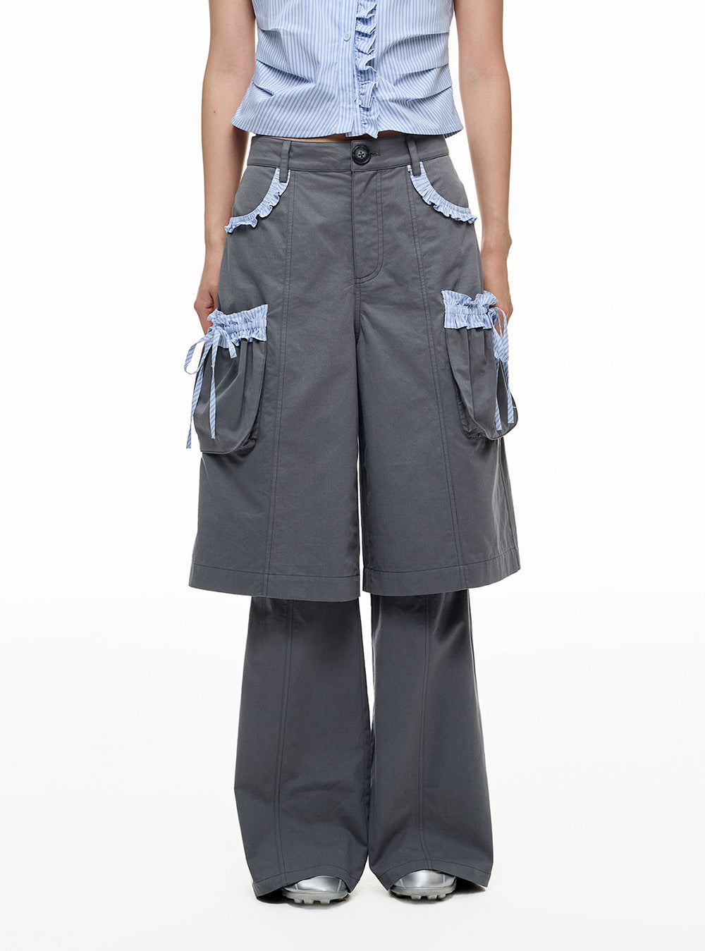 Stripe Pleated Two Layer Shorts & Pants Set