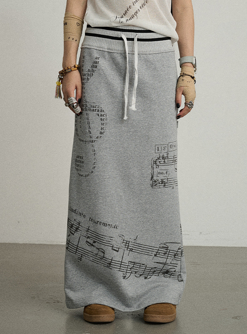 Music Note Pattern Banded Long Skirt (2color)