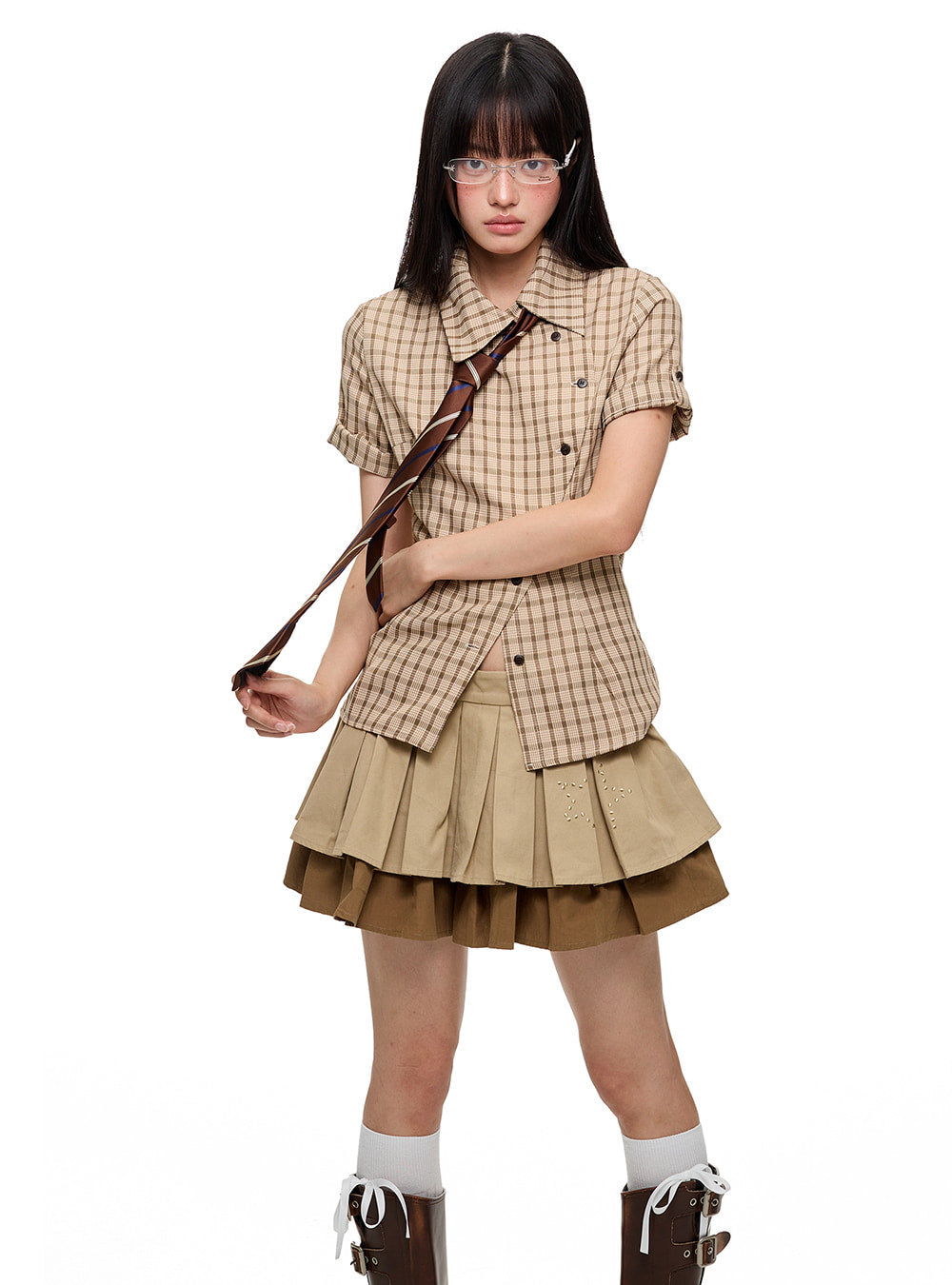 Diagonal Button Design Check Slim Shirt (5color)