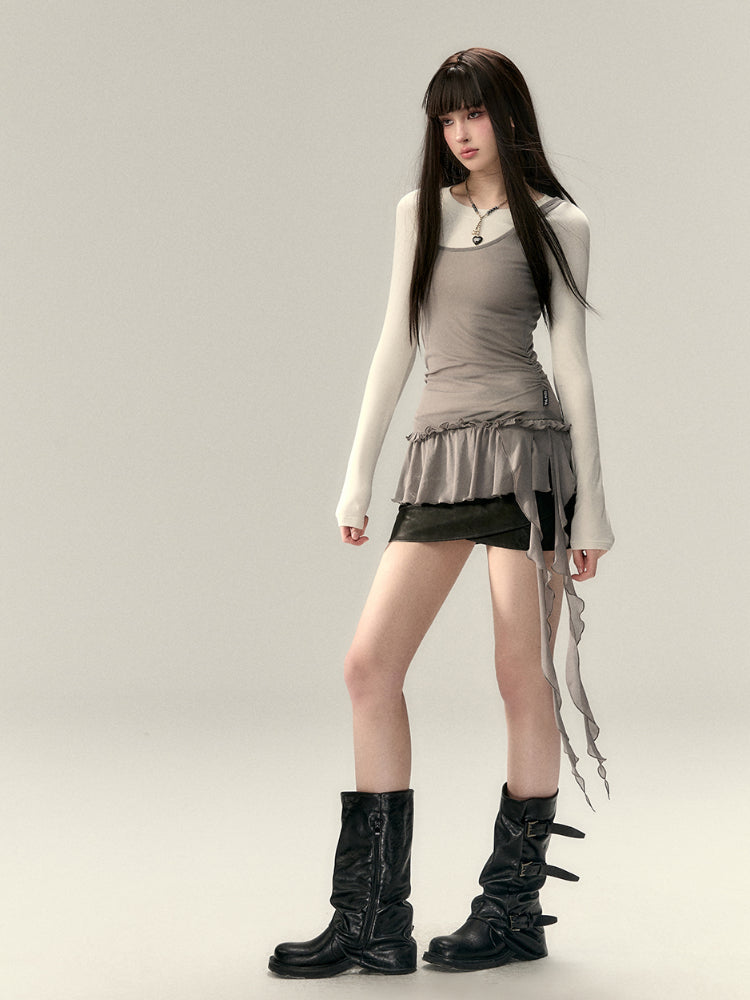 Sash Layered Lace Ruffle Accent Top