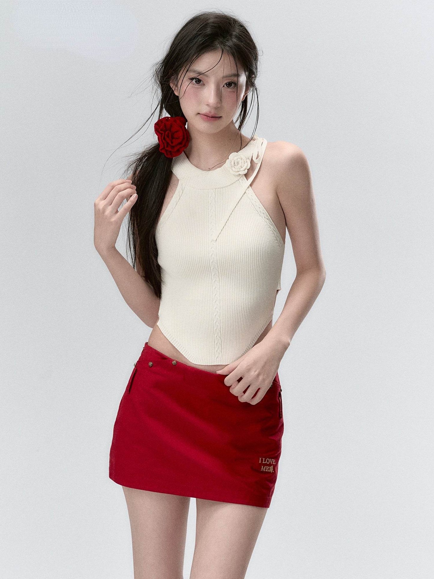 Red & Beige Rose Decor Crewneck Knitted Vest - My Store