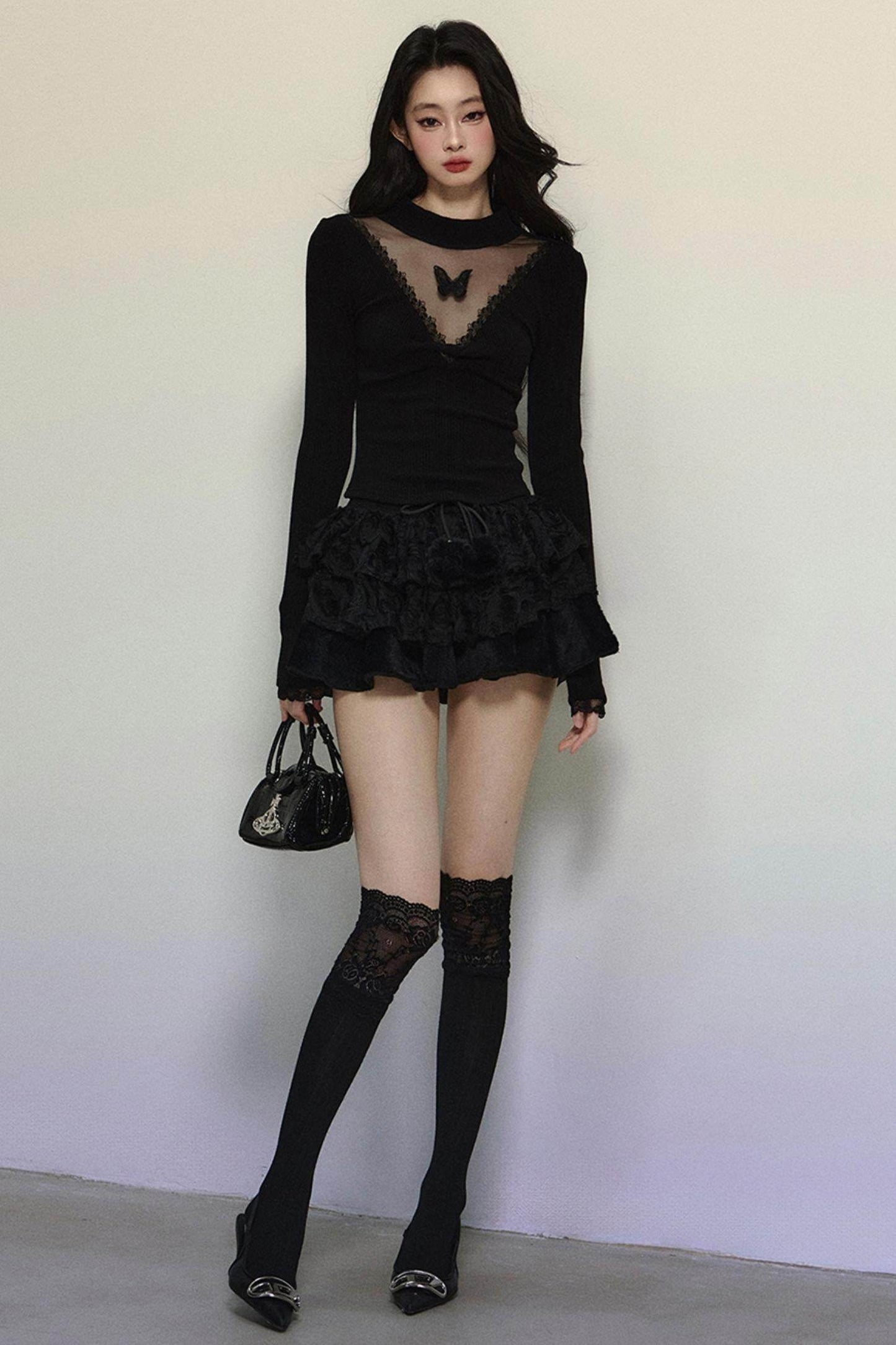 Long Sleeve V-Neck Lace Top - My Store