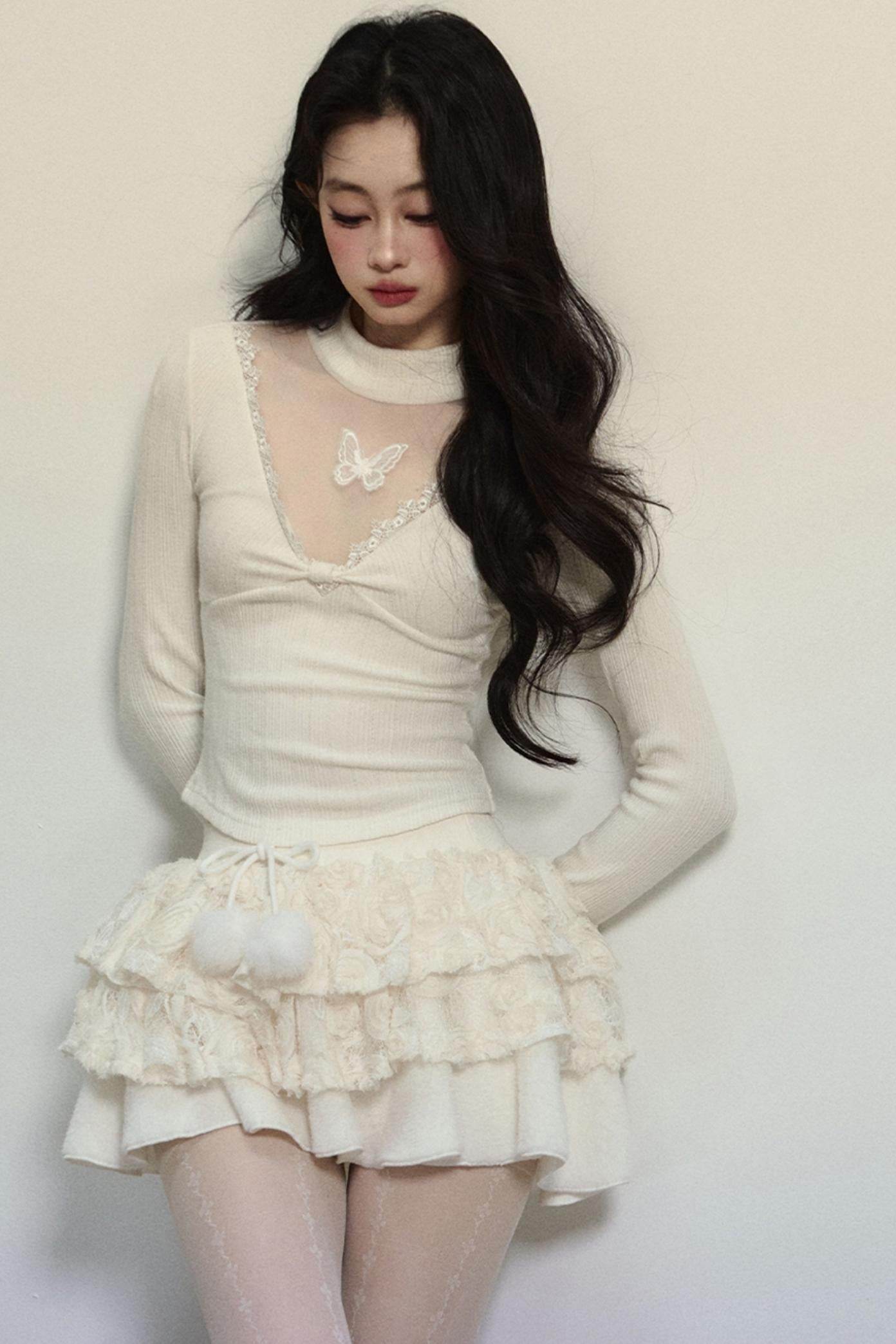 Long Sleeve V-Neck Lace Top - My Store