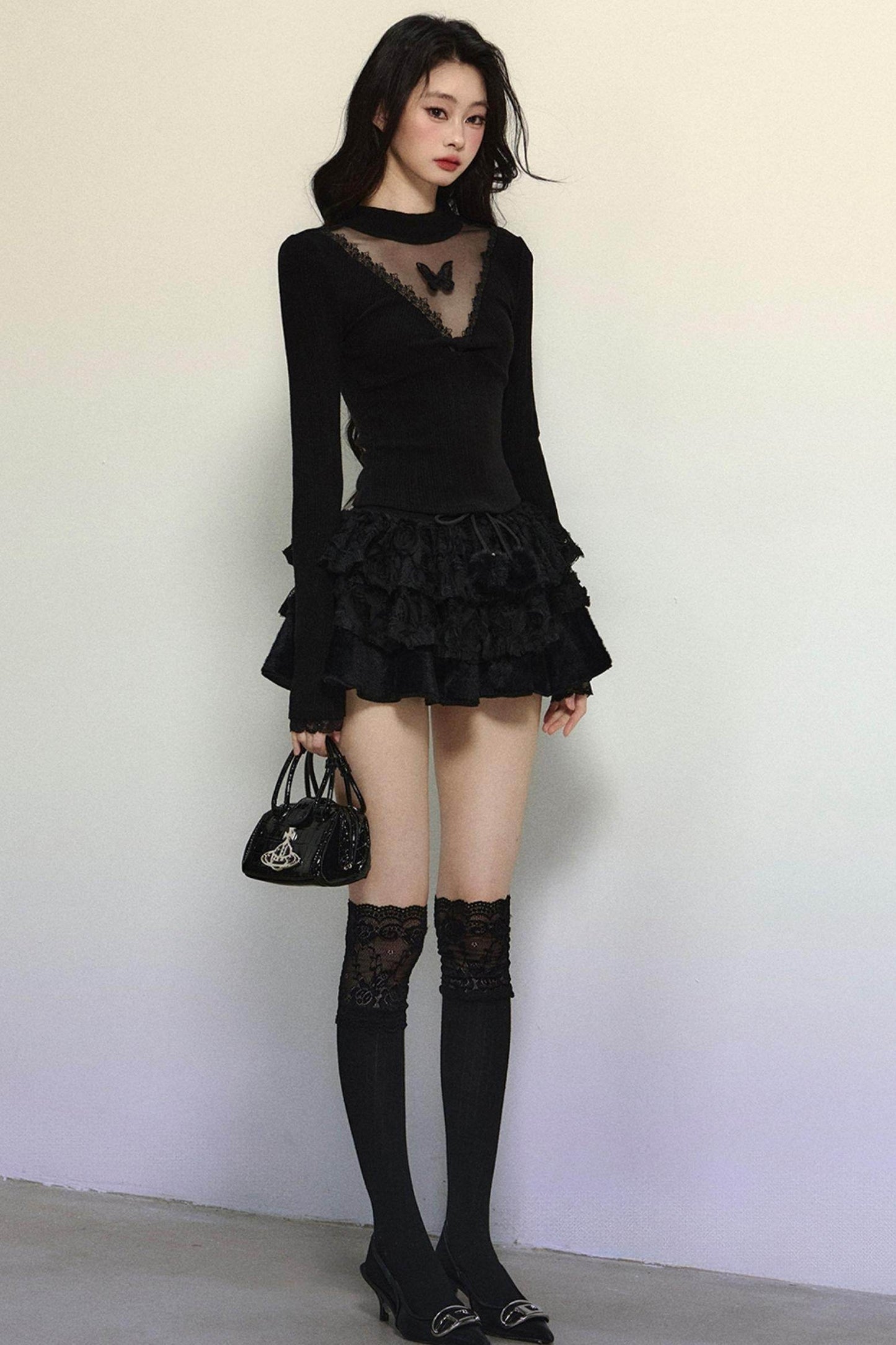 Long Sleeve V-Neck Lace Top - My Store