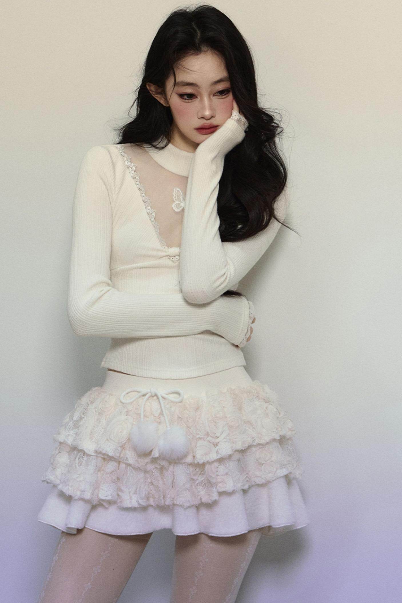 Long Sleeve V-Neck Lace Top - My Store