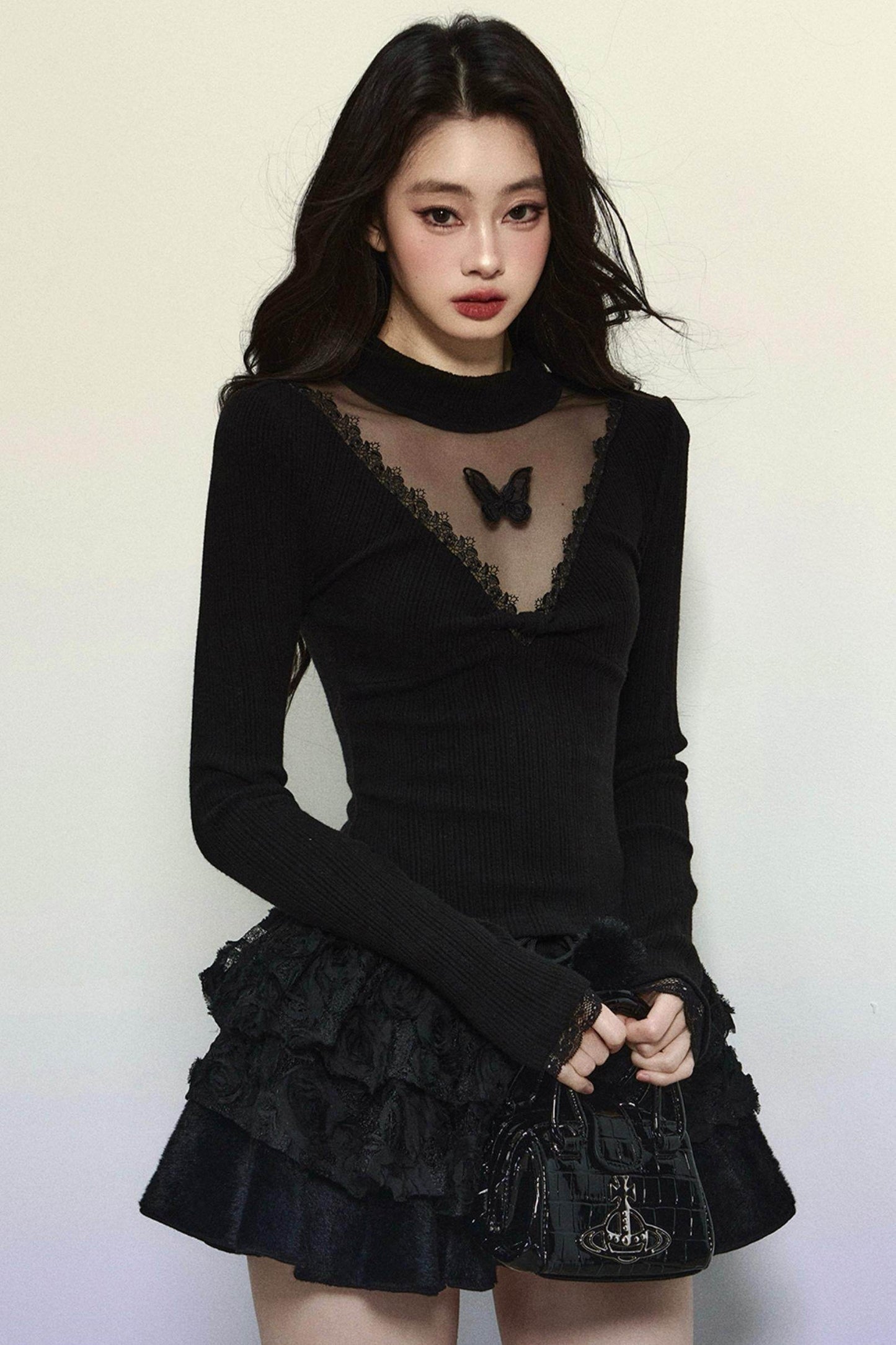 Long Sleeve V-Neck Lace Top - My Store