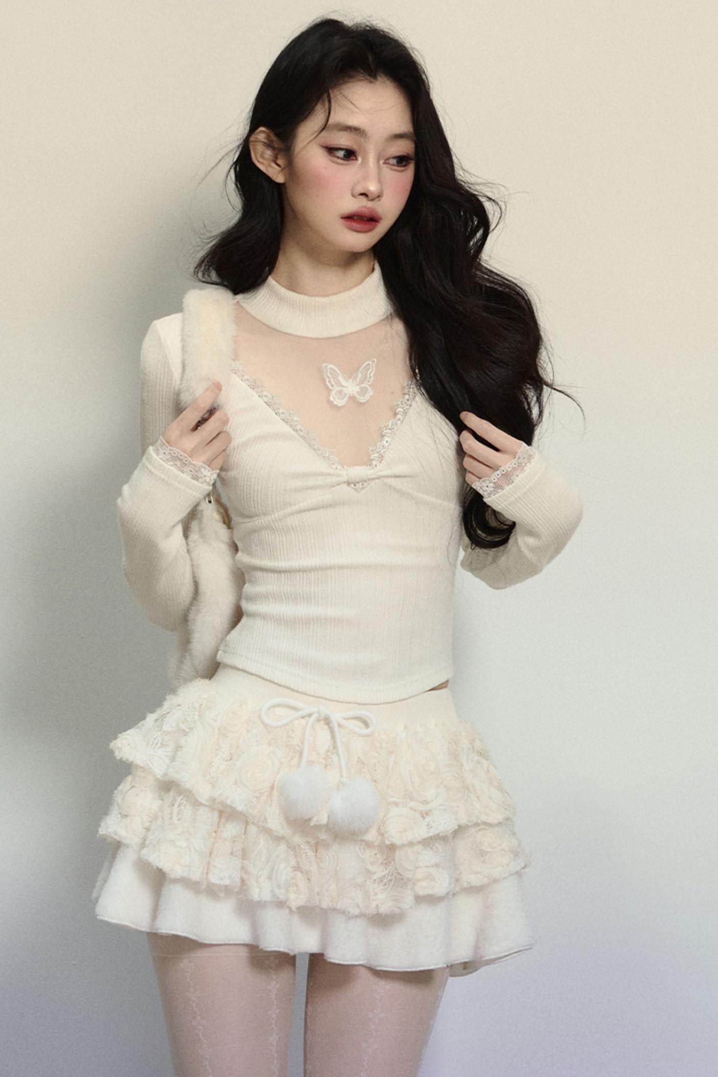 Long Sleeve V-Neck Lace Top - My Store