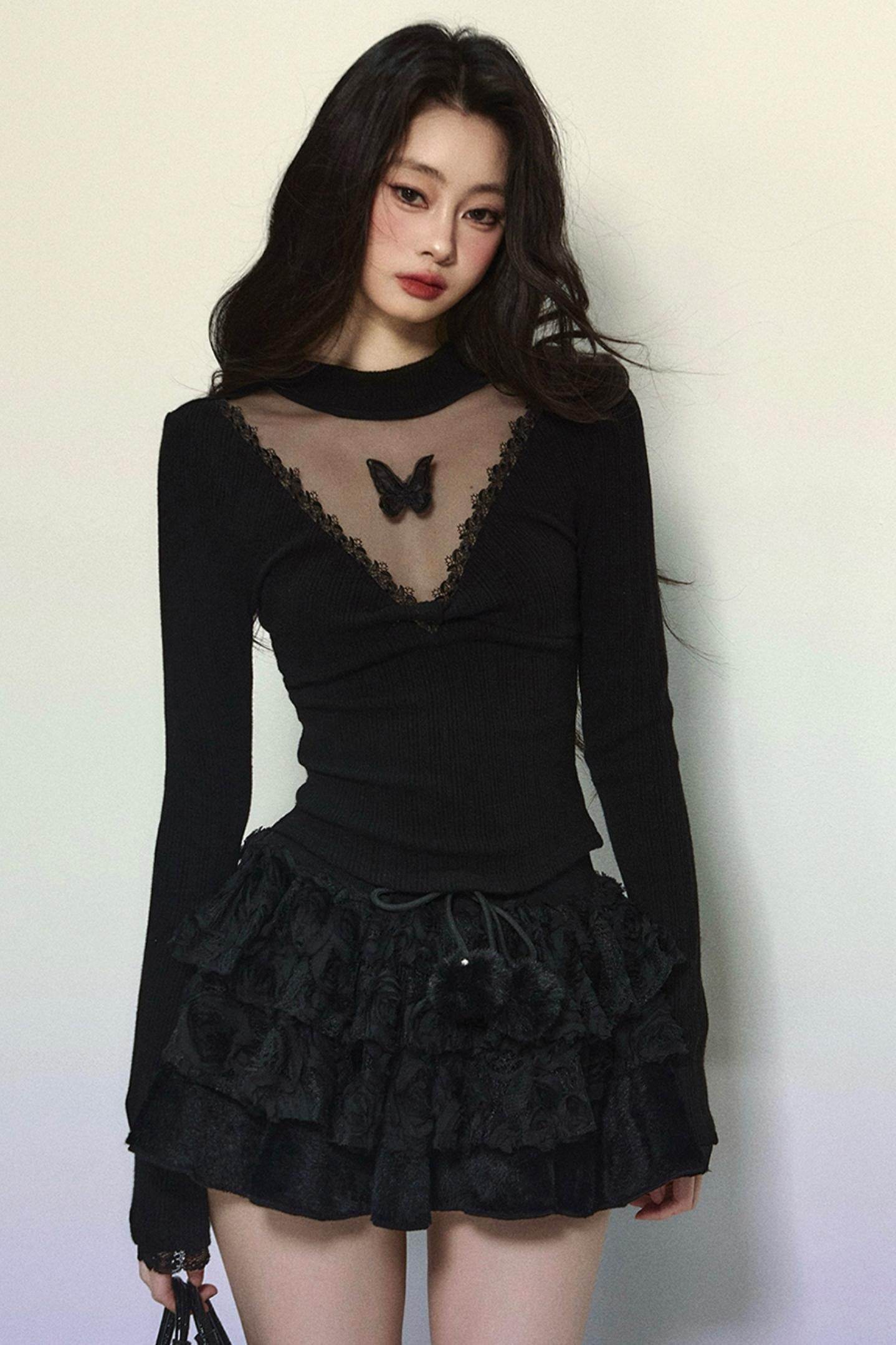 Long Sleeve V-Neck Lace Top - My Store