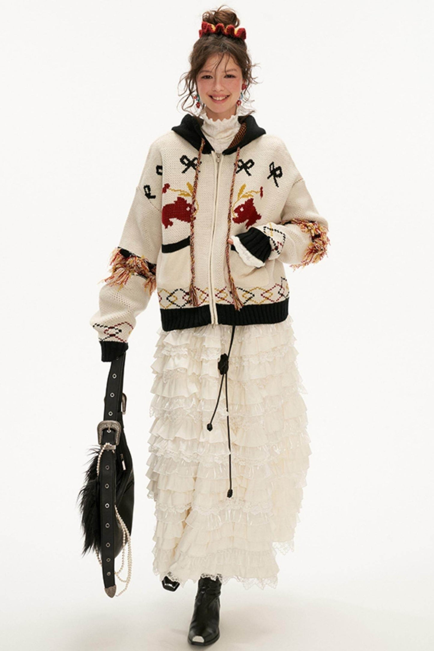Bunny Detail Hooded Cardigan Sweater - My Store