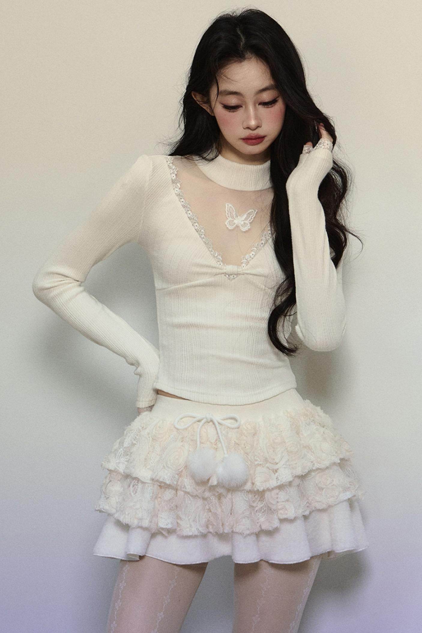Long Sleeve V-Neck Lace Top - My Store