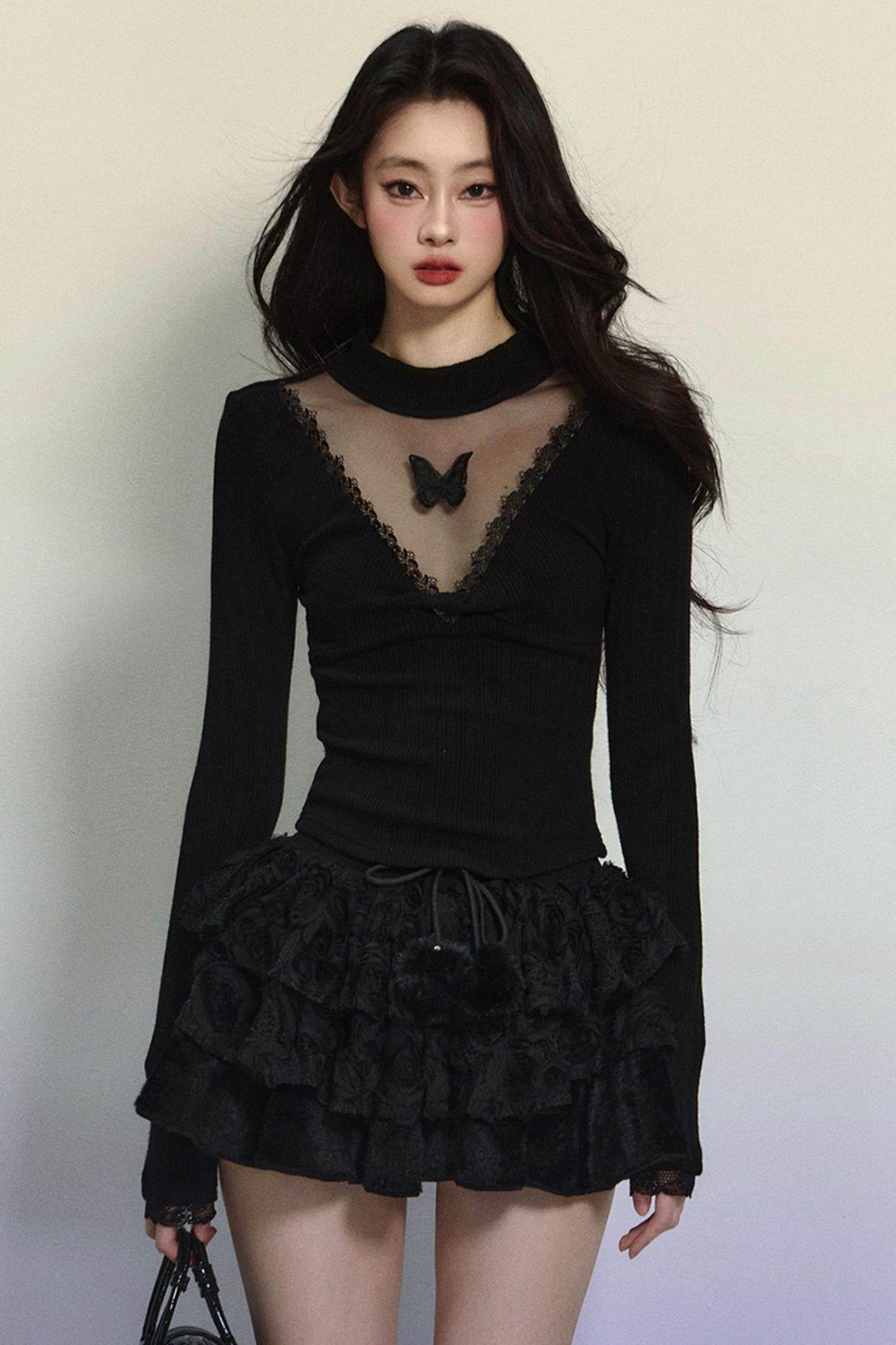 Long Sleeve V-Neck Lace Top - My Store