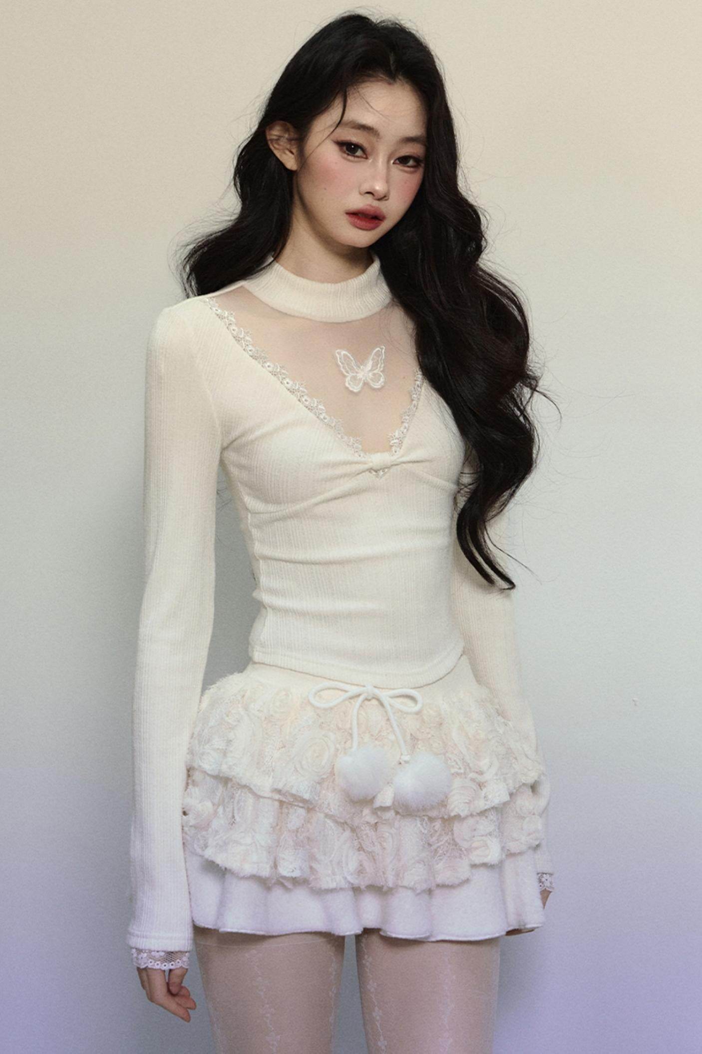 Long Sleeve V-Neck Lace Top - My Store