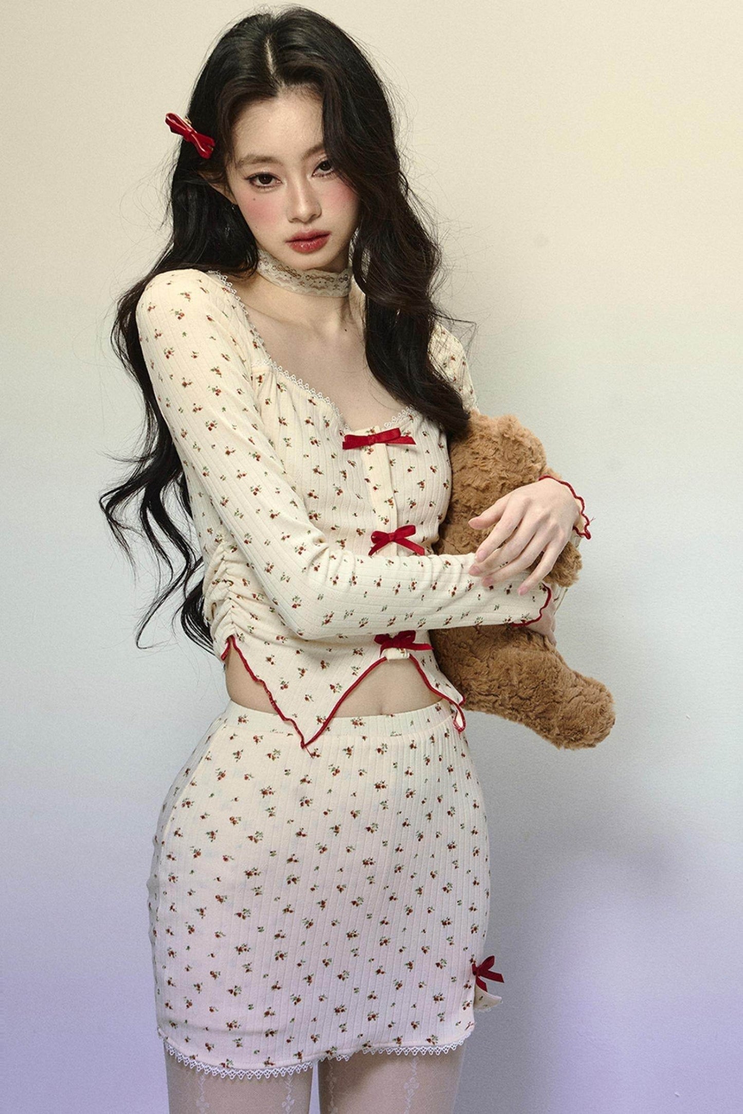 Long-Sleeve Floral Top & Short Skirt Set-Up - My Store