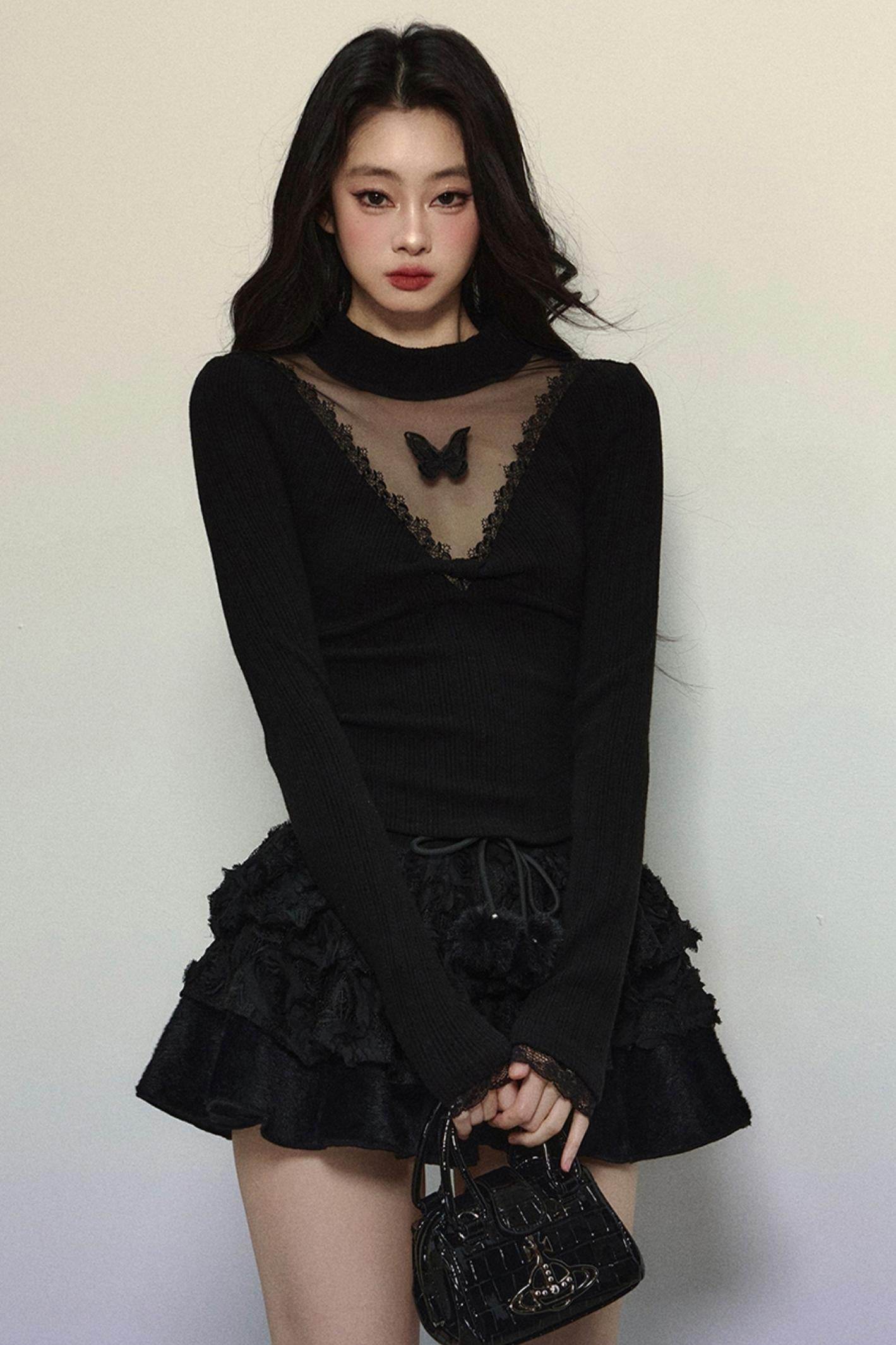 Long Sleeve V-Neck Lace Top - My Store