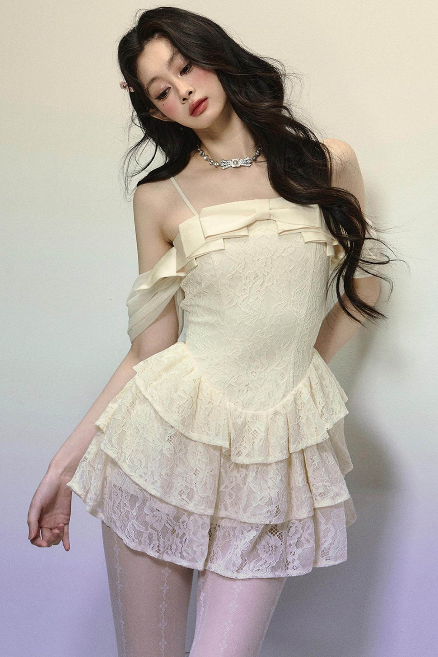 One-Shoulder French Lace Slip Dress - My Store