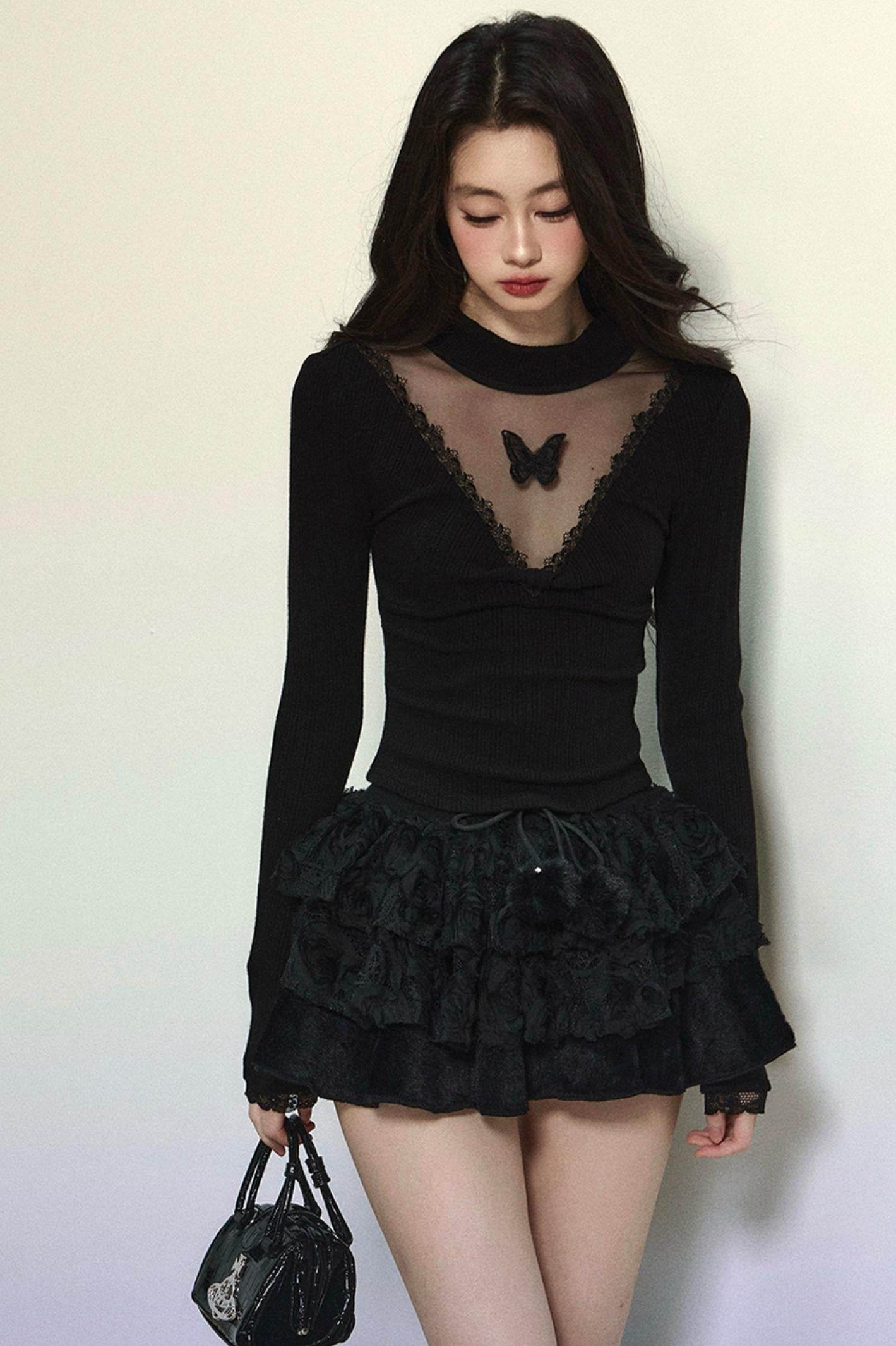 Long Sleeve V-Neck Lace Top - My Store