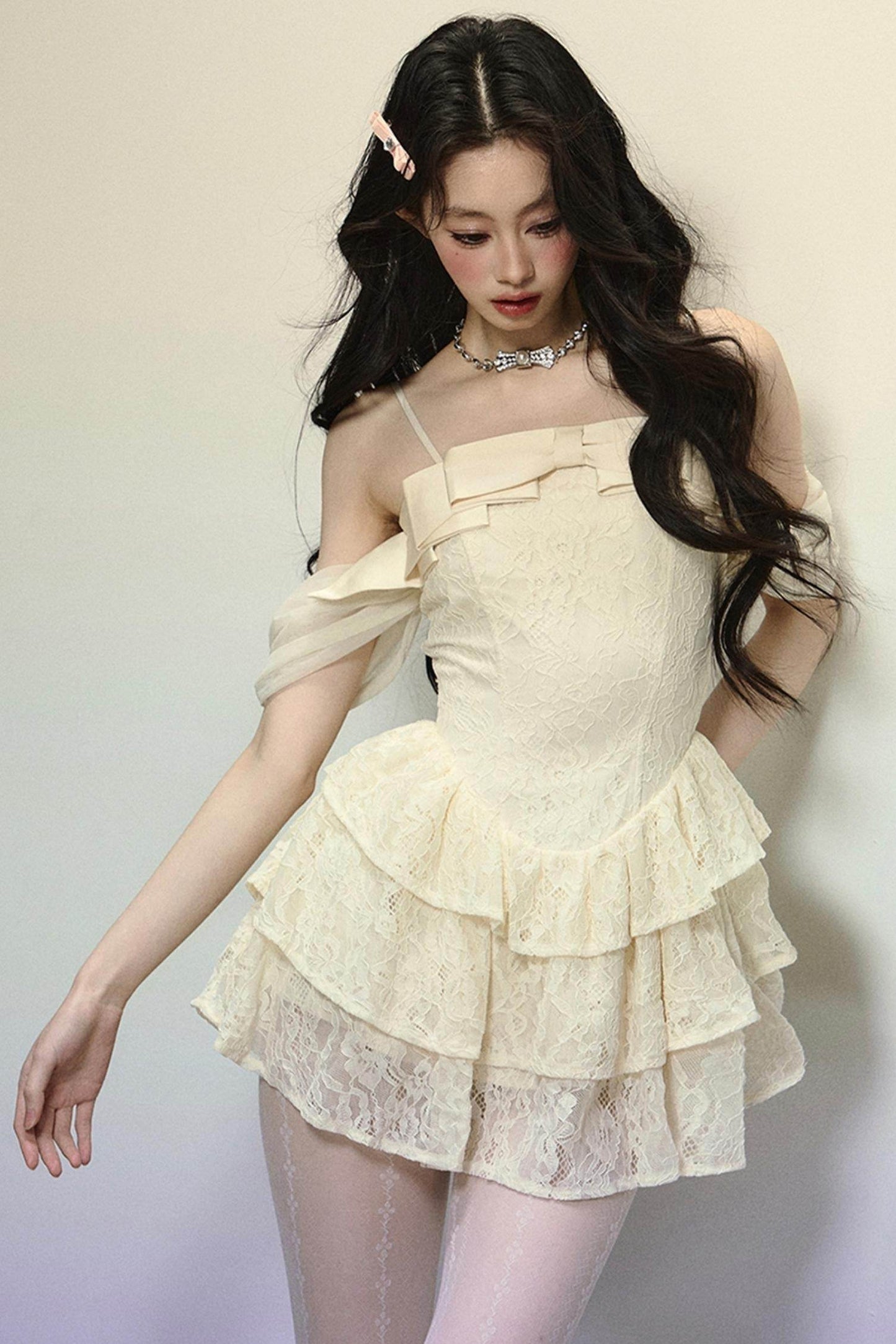 One-Shoulder French Lace Slip Dress - My Store