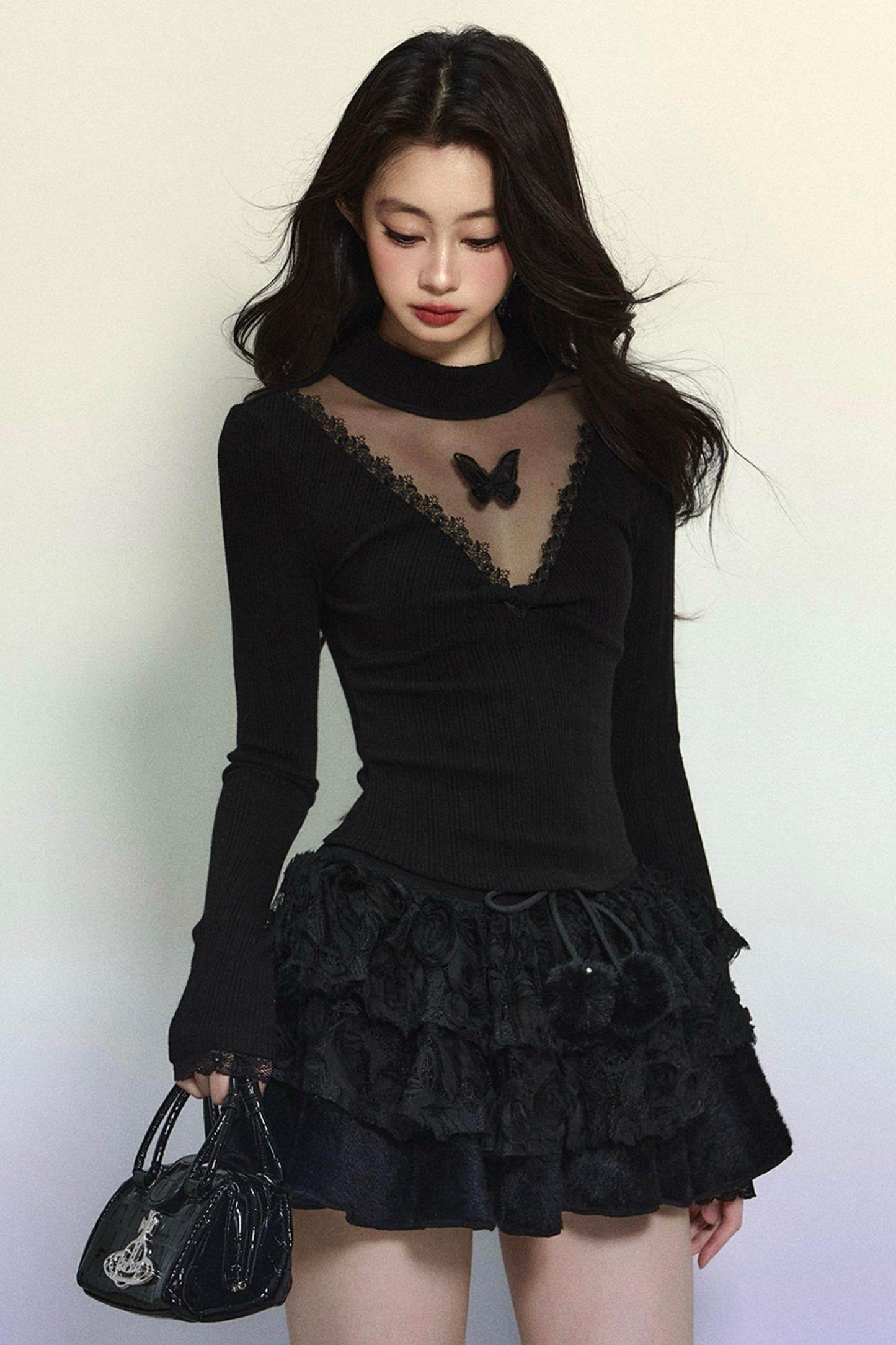 Long Sleeve V-Neck Lace Top - My Store