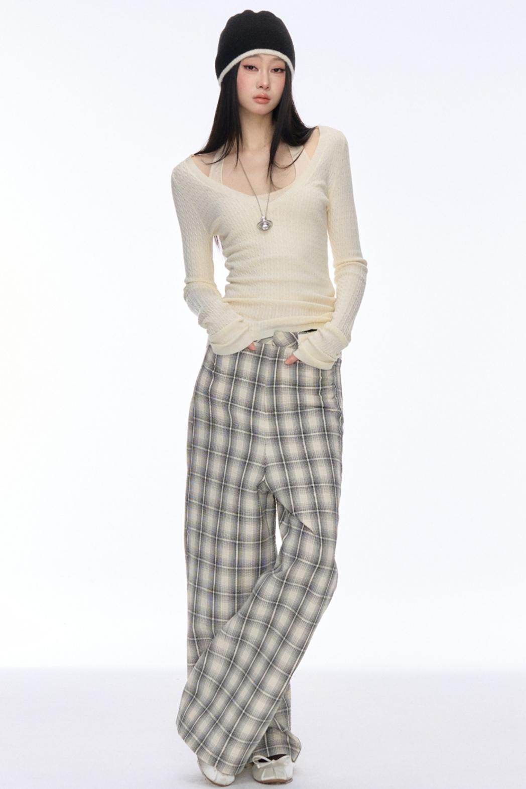 Slim Plaid Wide Pants - My Store