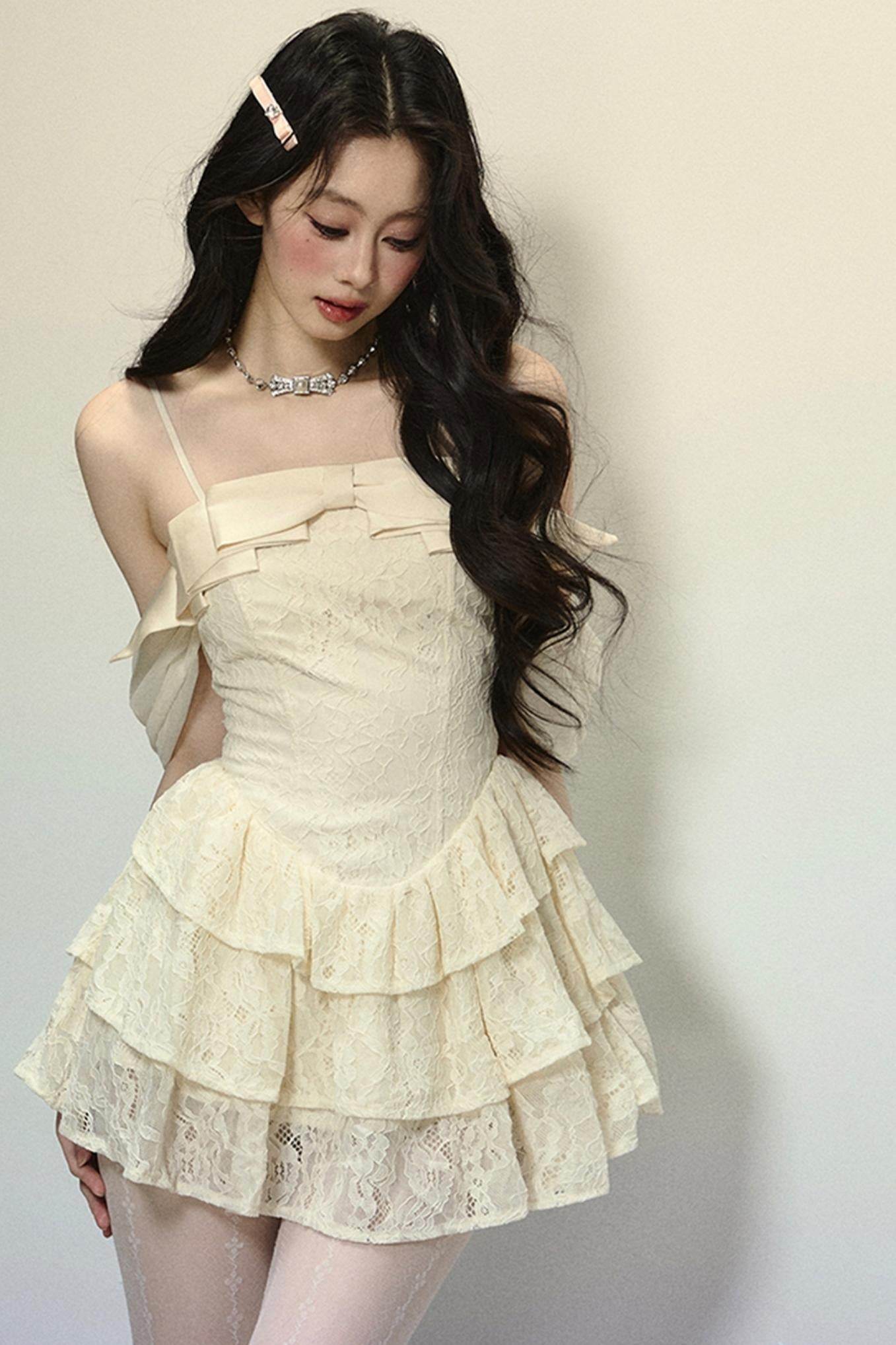 One-Shoulder French Lace Slip Dress - My Store