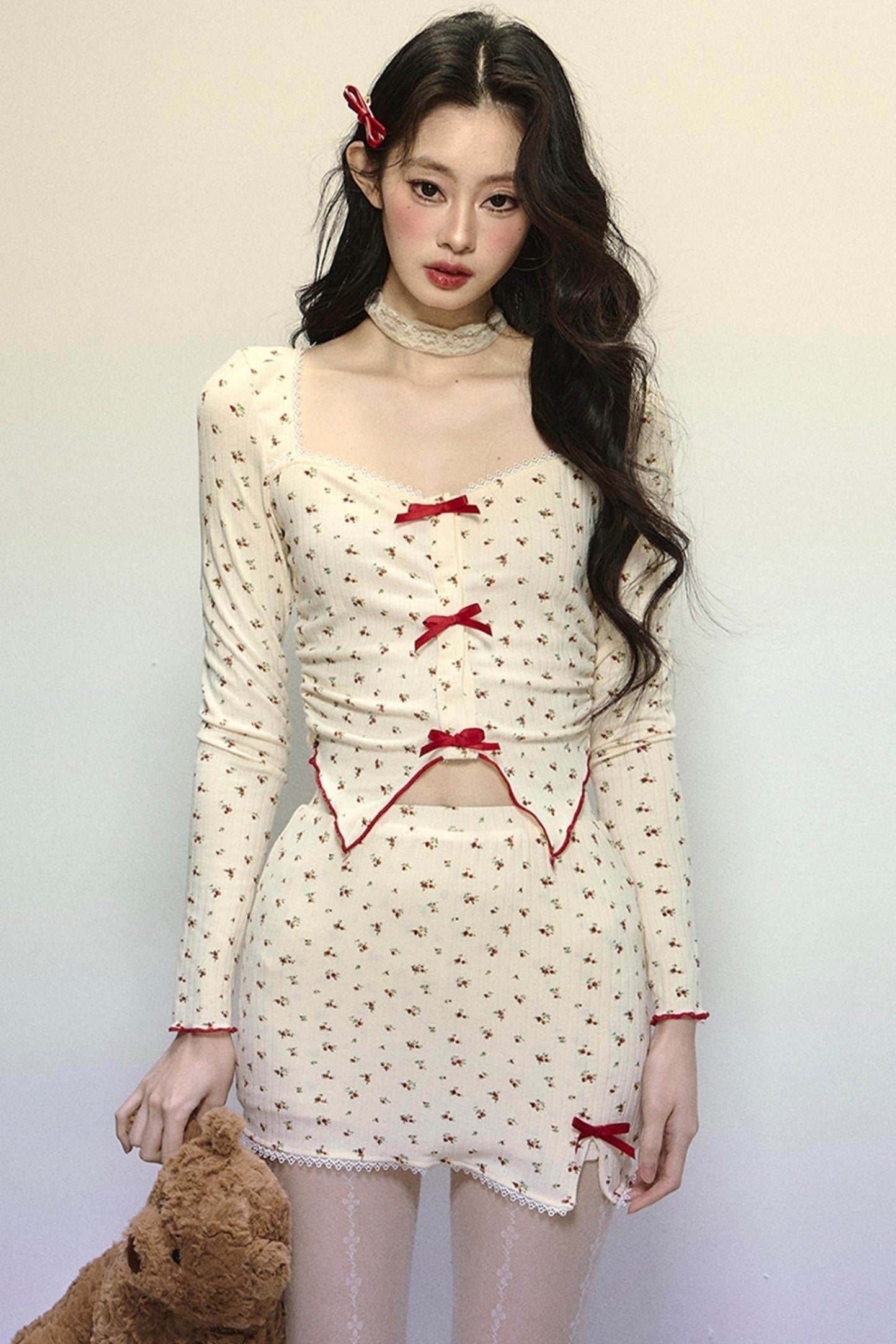 Long-Sleeve Floral Top & Short Skirt Set-Up - My Store
