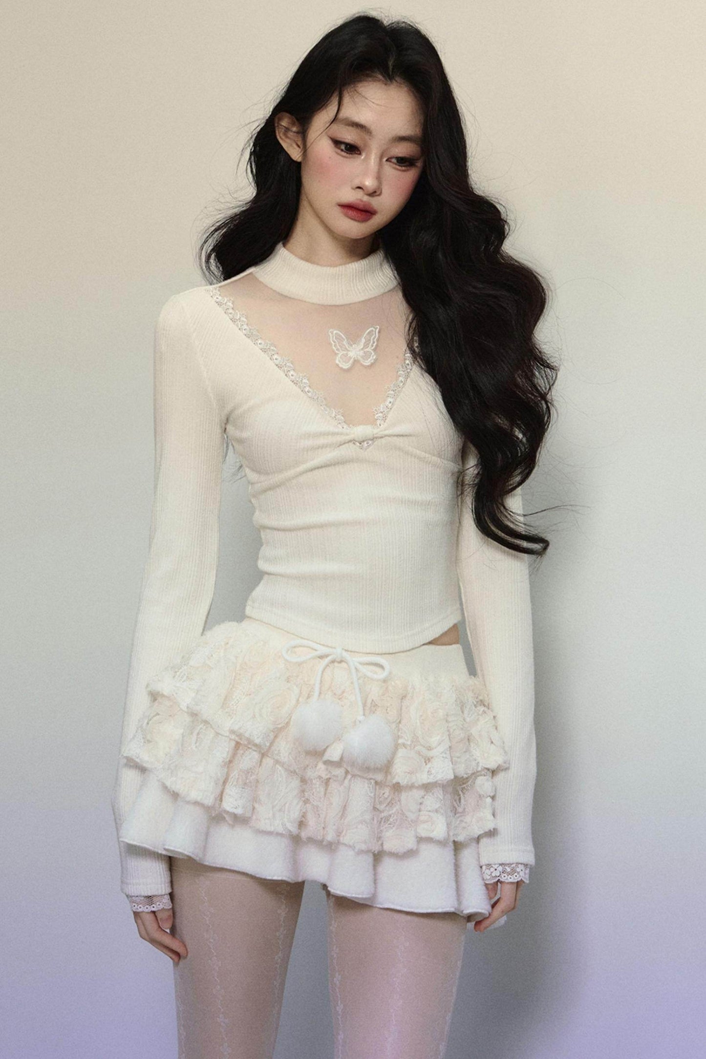 Long Sleeve V-Neck Lace Top - My Store