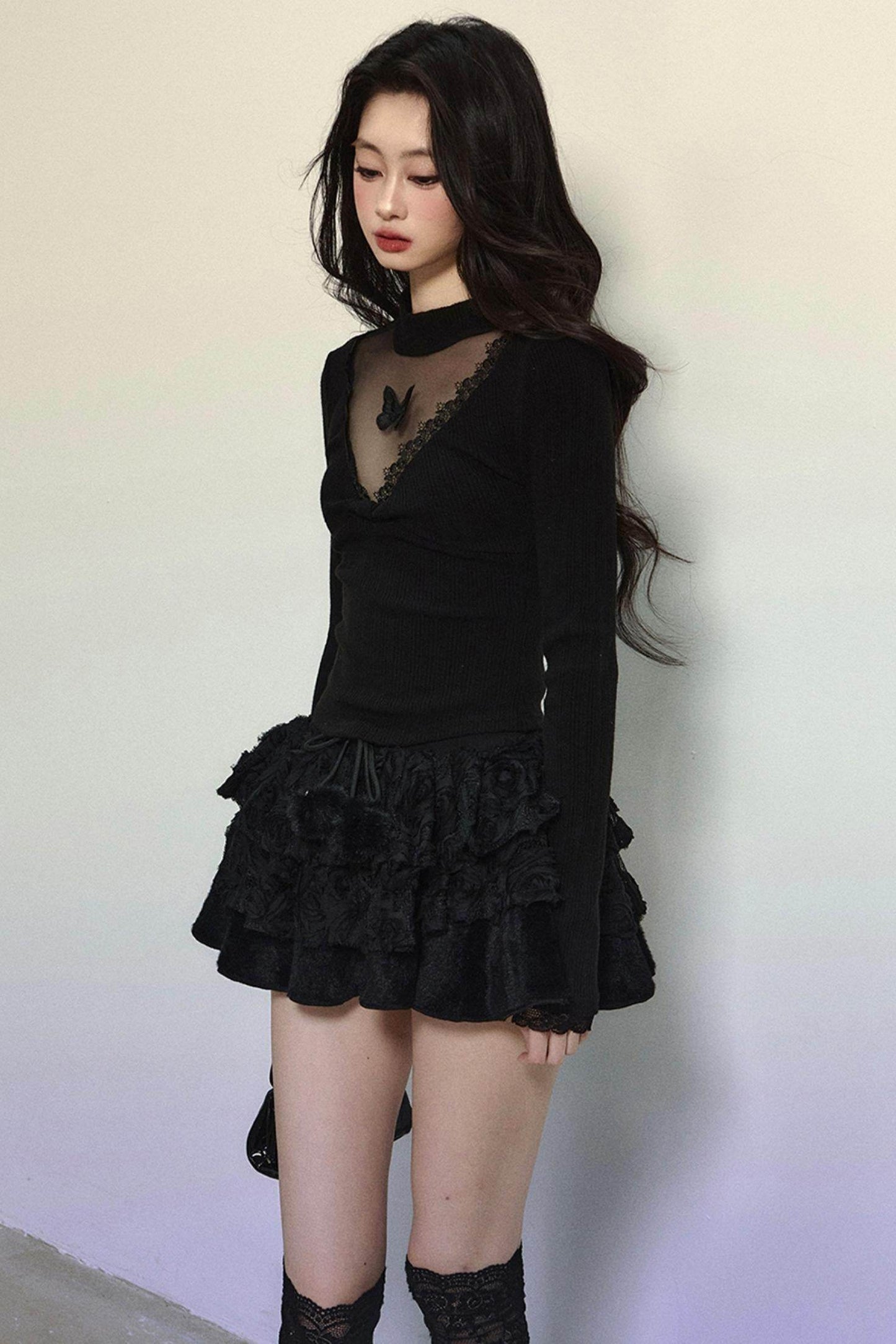 Long Sleeve V-Neck Lace Top - My Store
