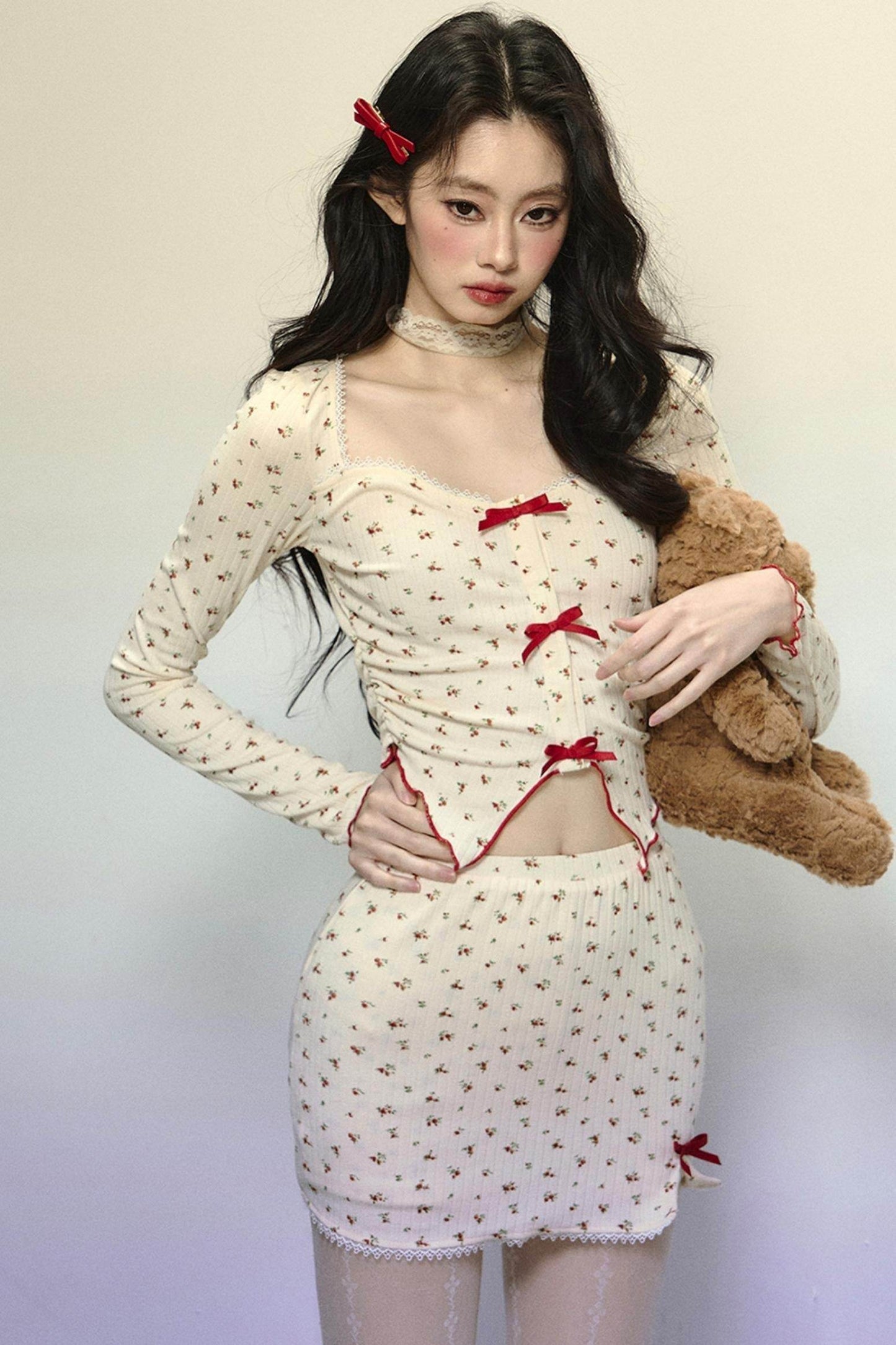 Long-Sleeve Floral Top & Short Skirt Set-Up - My Store