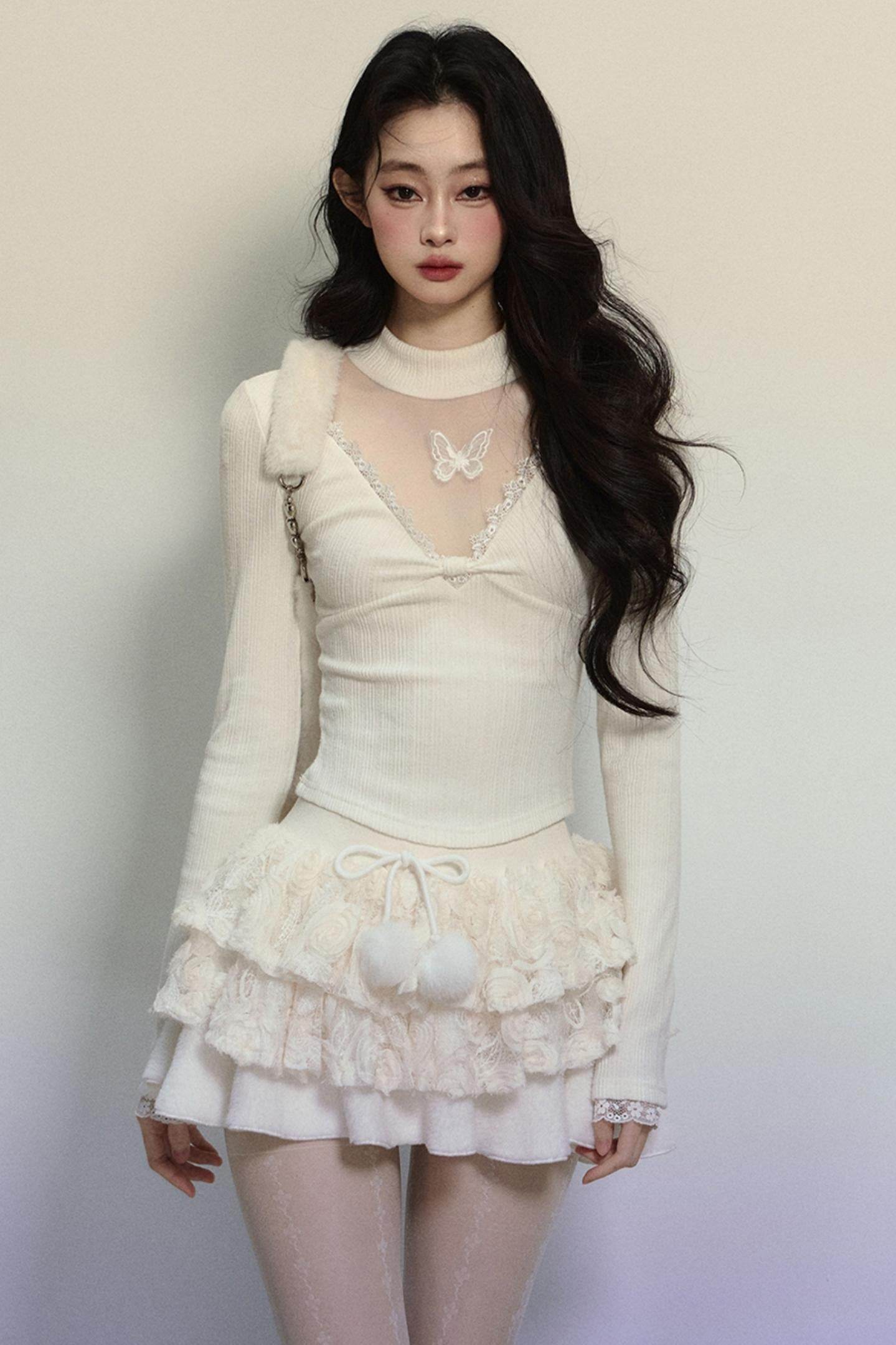 Long Sleeve V-Neck Lace Top - My Store