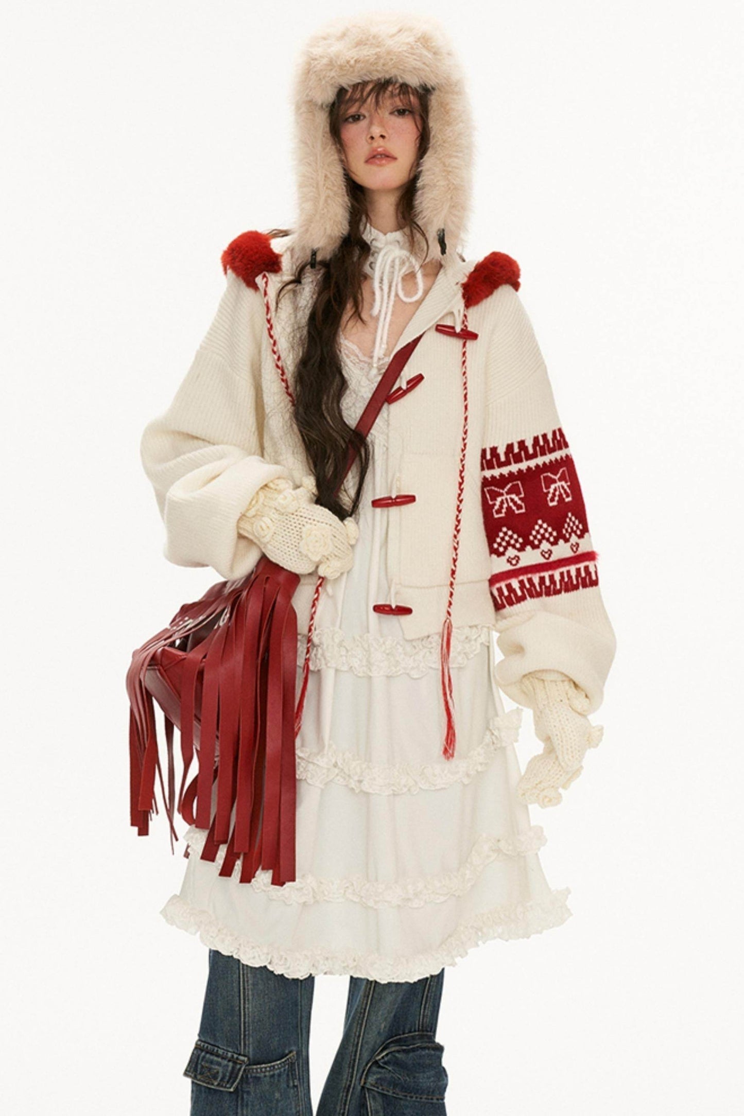 Patchwork Bow Jacquard Hooded Sweater Coat - My Store