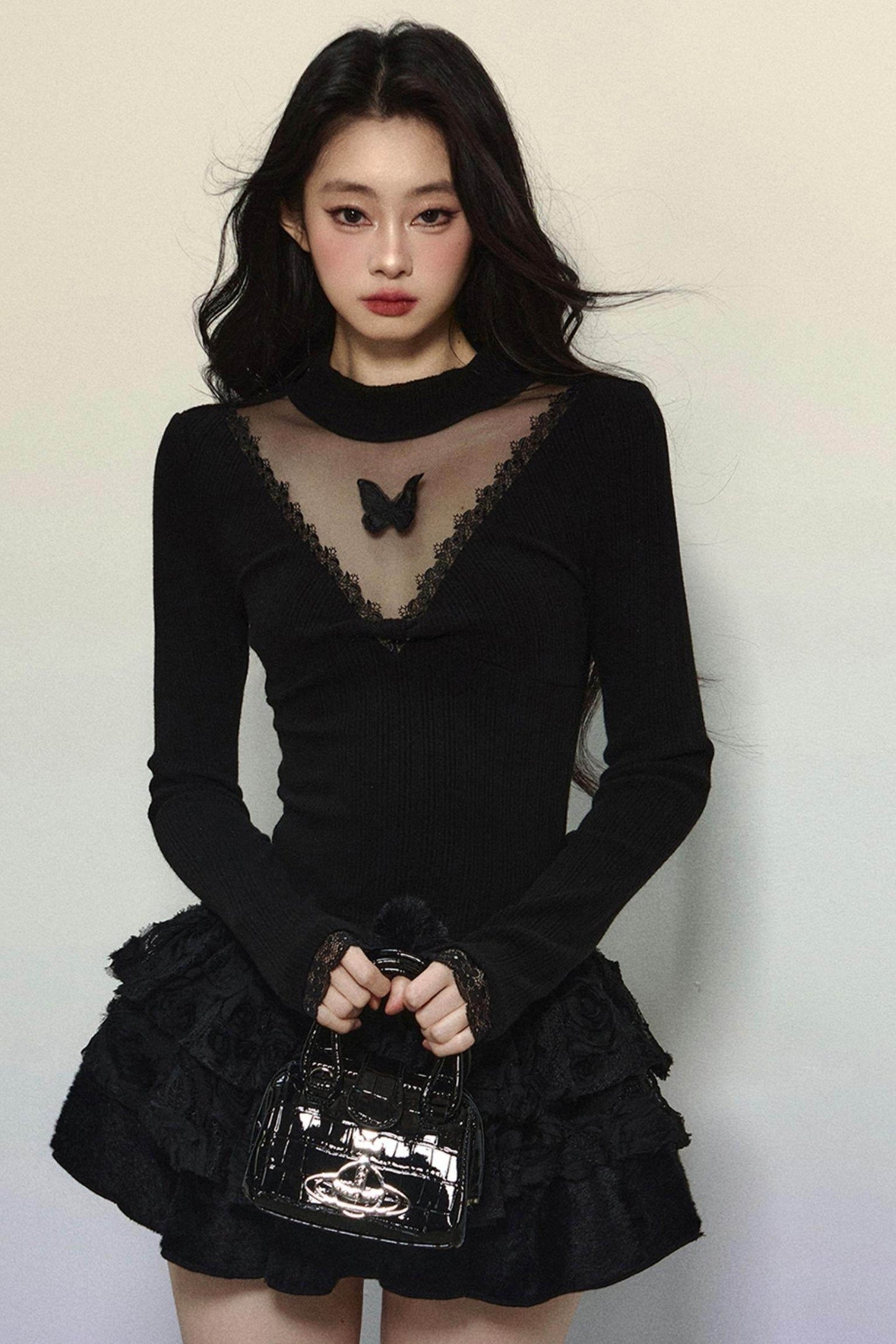 Long Sleeve V-Neck Lace Top - My Store