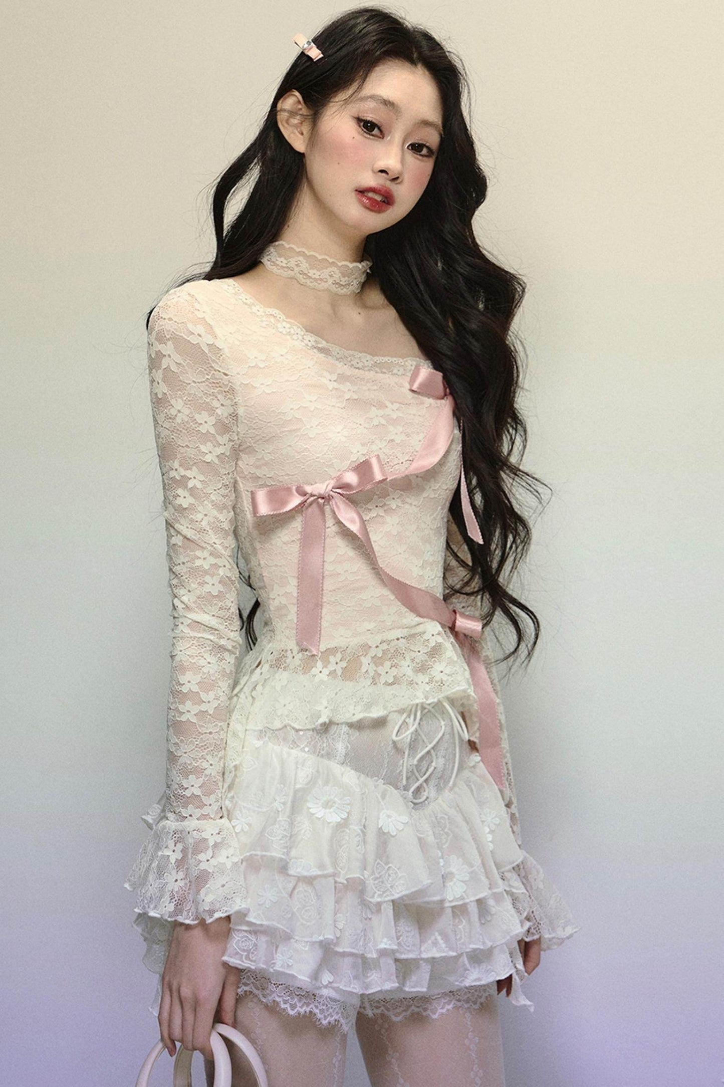 Slanted Shoulder Long-Sleeve Lace Top - My Store